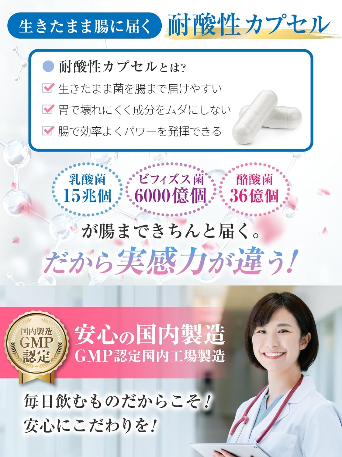 【Physician-Supervised】Live Lactobacillus 15 Trillion + Bifidobacterium 600 Billion + Lactic Acid Bacteria 3.6 Billion Supplement, Lactoferrin, Oligosaccharides, Reaches the Intestines, 30-Day Supply