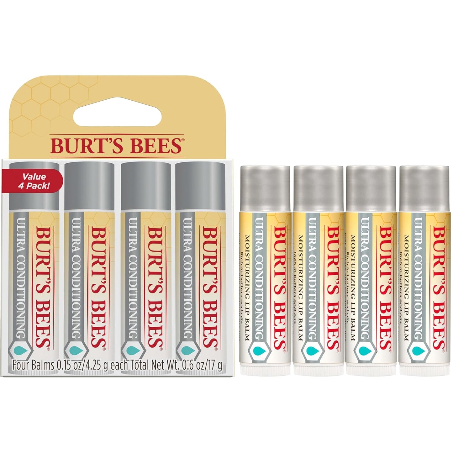 Burt's Bees Bálsamo labial, cuidado de labios hidratante, 100% de origen natural, ultra acondicionador con karité, cacao y manteca de kokum, 0.15 onzas, cuatro tubos