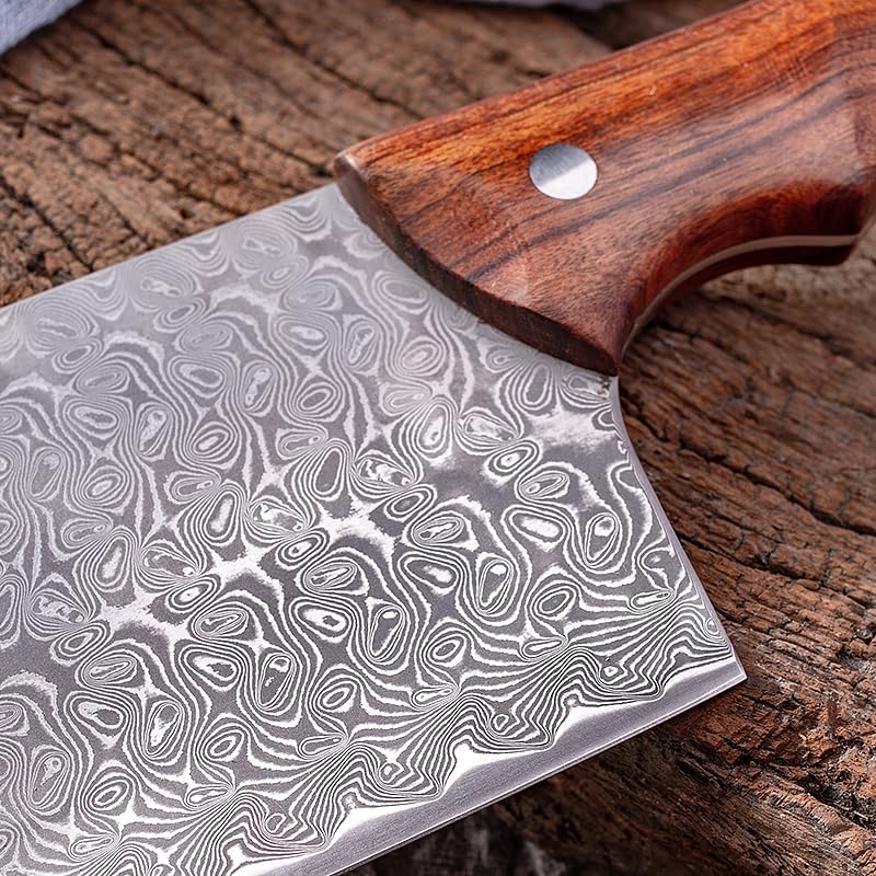 HIROSHI Damascus Vegetable Cutting Knife Small Meat Cutting Knife Mini Chinese Cleaver Thin Blade Double-Edged Super Sharp Vegetable Cleaver Lightweight Rust-Resistant Ideal for Beginners and Women