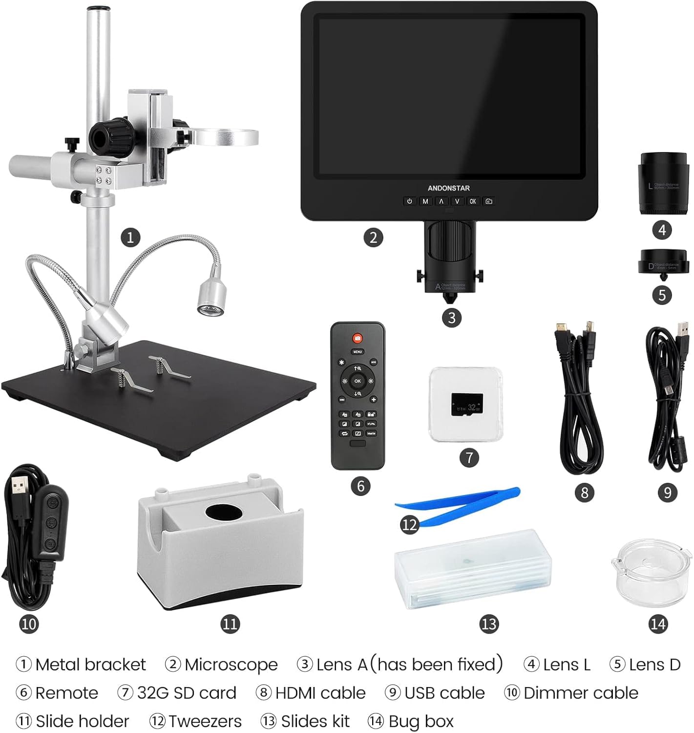 Andonstar AD249S HDMI Digital Microscope with 10.1" Screen, Soldering Microscope with Metal Stand, 2000X 3 Lens Coin Microscope Kit for Kids and Adults, Photo/Video Recording, Windows Compatible