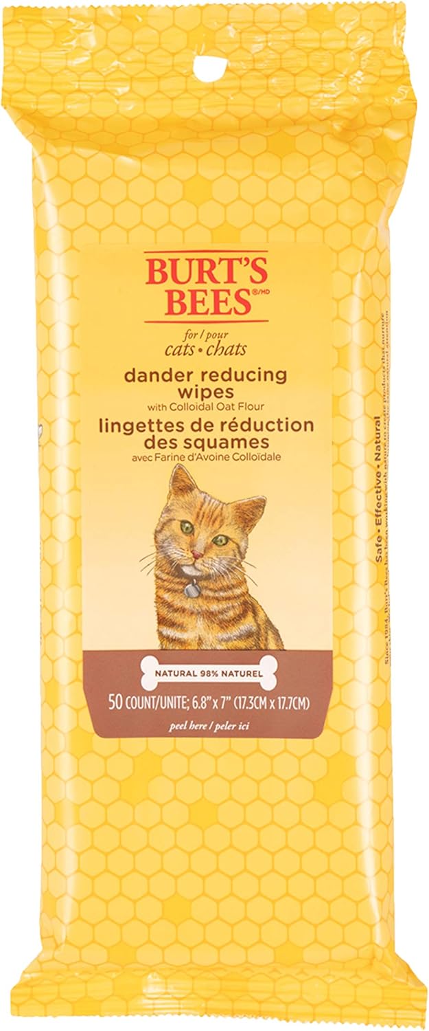 Burt's Bees for Pets Toallitas removedoras de caspa de gato, harina de avena coloidal y aloe para calmar la piel seca y reducir la descamación, paños de aseo sin perfume para gatos y gatitos, 50
