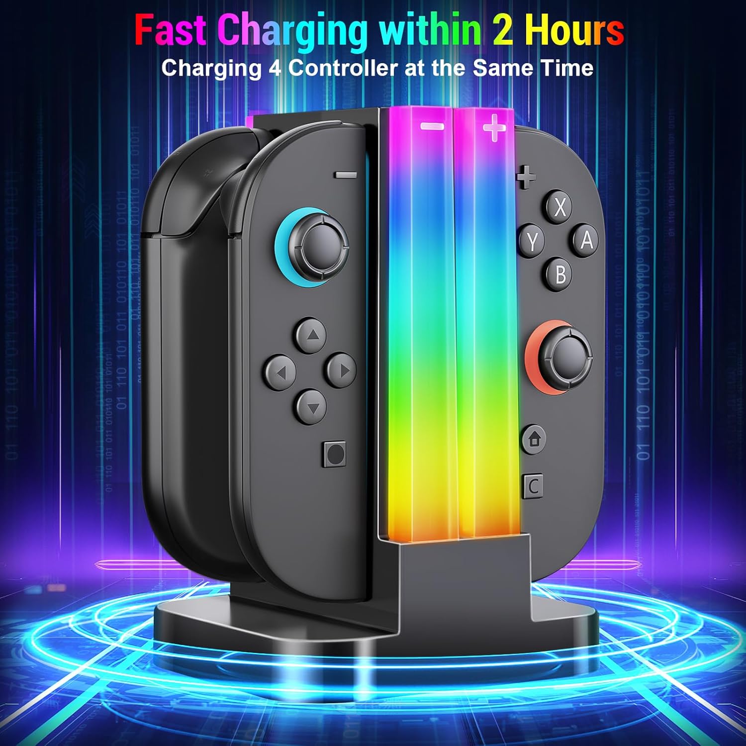 Switch 2 Joicon Charger Stand, RGB Light, 6, Joicon, Switch 2, Timing Function, Overcharge Prevention, USB-C Cable Included, Will Controller, Charger