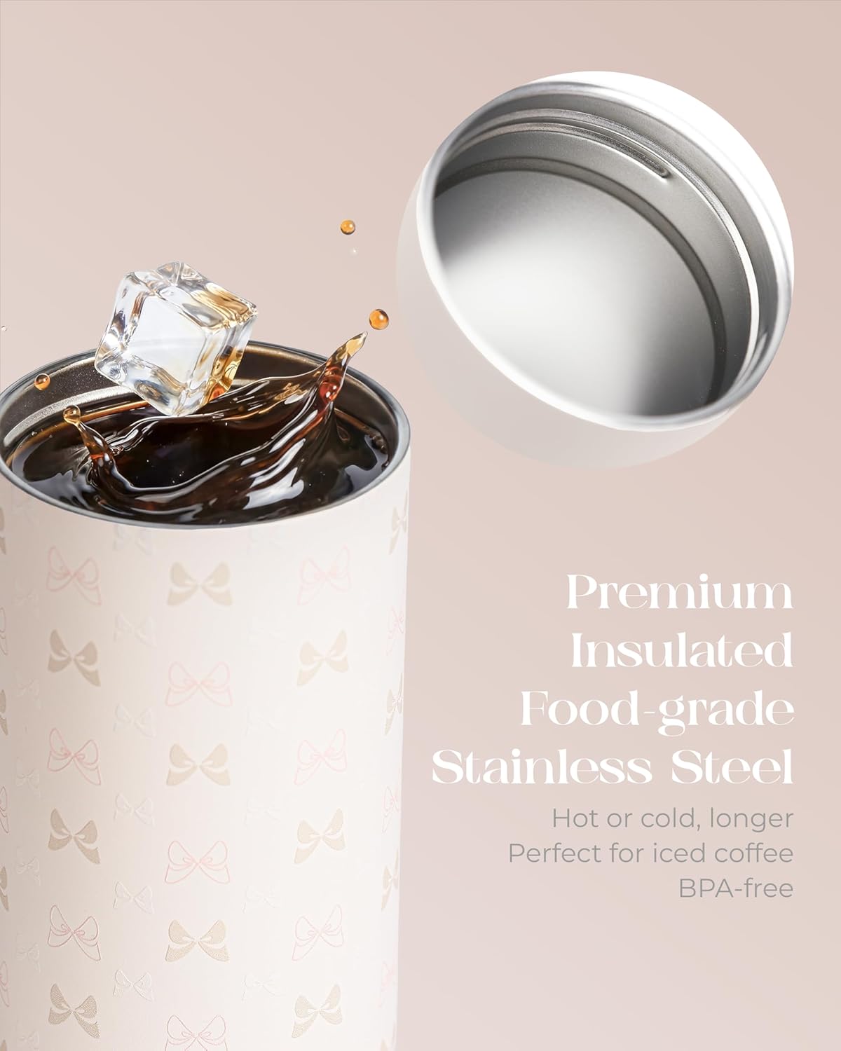 Vaso de café de acero inoxidable de 15 onzas con tapa abierta giratoria, taza de viaje aislada para café helado, infusión fría y bebidas calientes, a prueba de fugas, sin BPA, apto para portavasos, crema con lazo