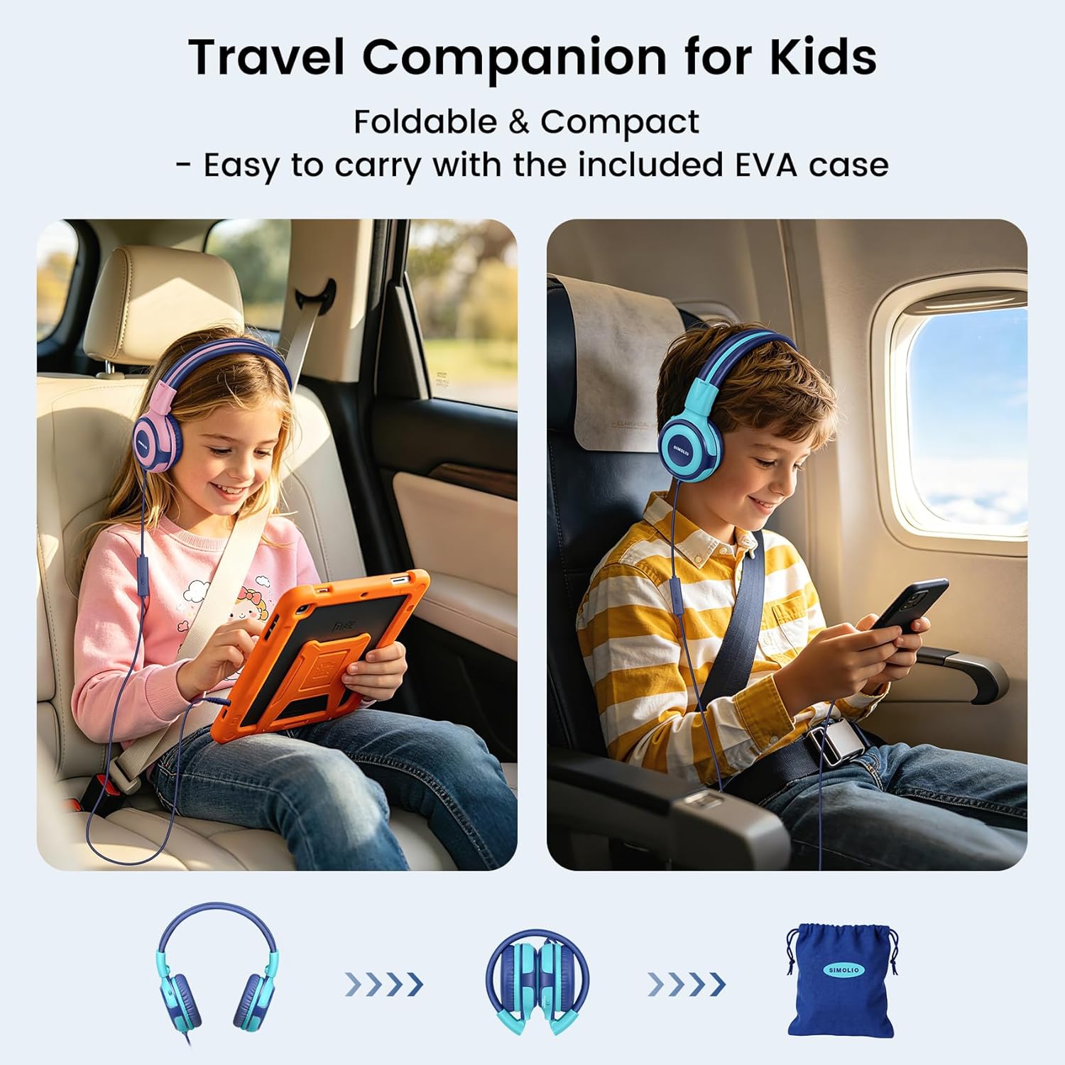 SIMOLIO Kids Headphones with Sharing Port Microphone Volume Limit for Children/Boys/Girls/Youth Wired Headphones with 3.5mm Stereo Plug for iPhone/iPad/Kindle/Tablet/Nintendo Switch School/Travel