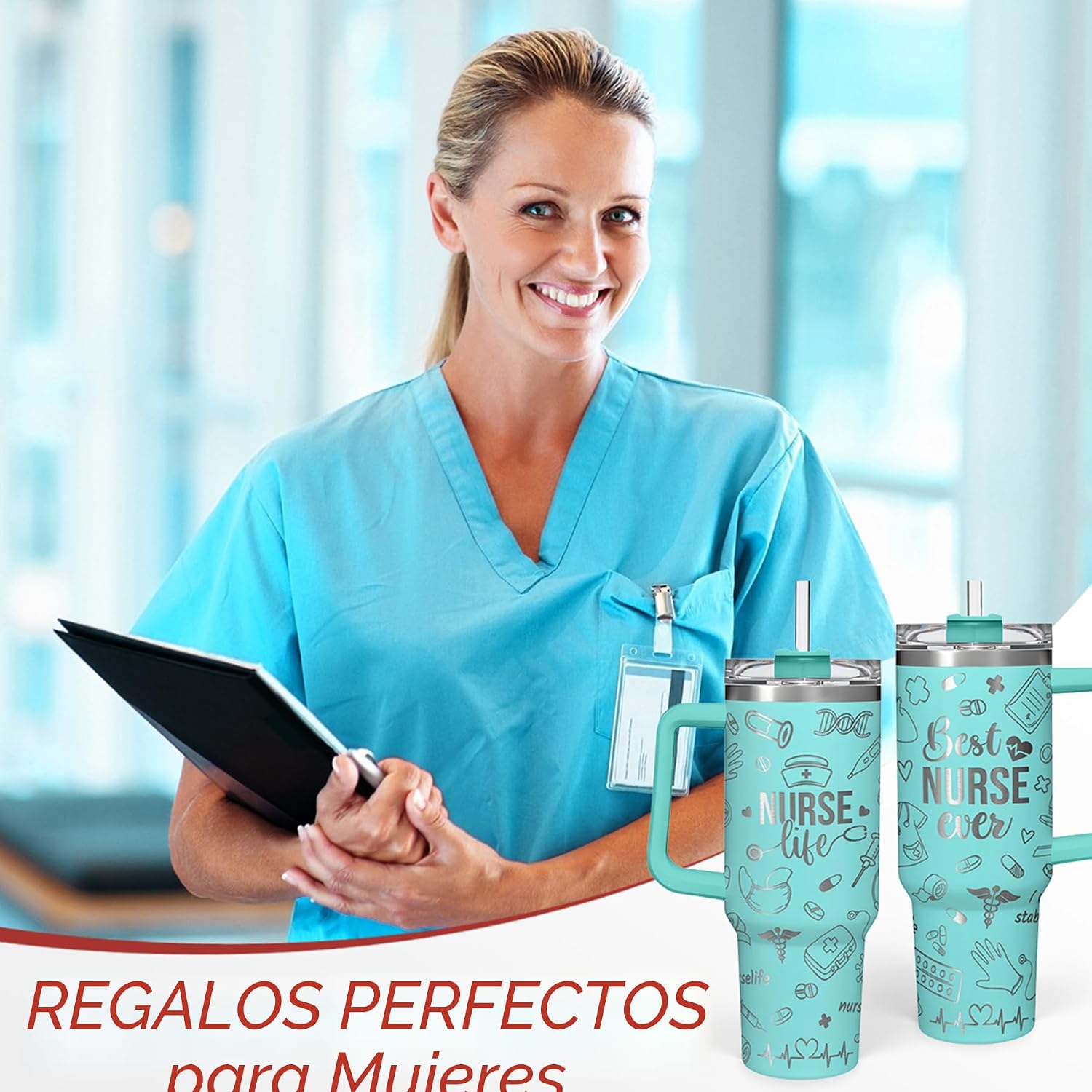 Regalos de enfermera para mujeres, vaso de enfermera con asa, taza de café de acero inoxidable de 40 onzas con tapa con pajilla, regalo de enfermería para enfermeras, regalo de agradecimiento para