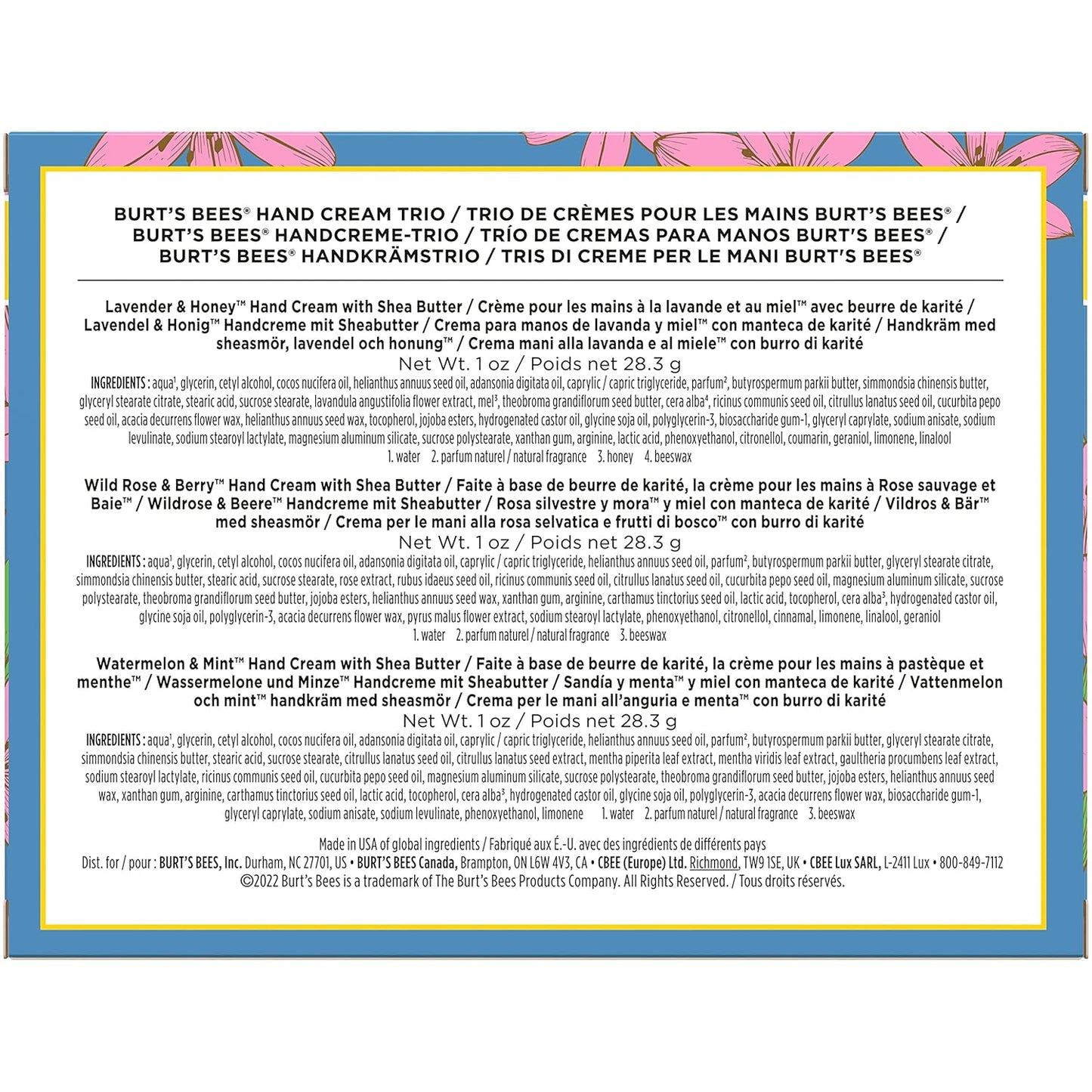 Burt's Bees Regalo de Primavera, 3 Regalos Hidratantes de Cuidado Personal, Trío de Crema de Manos con Manteca de Karité Conjunto de Primavera - Lavanda y Miel, Rosa Silvestre y Bayas y Sandía y Menta