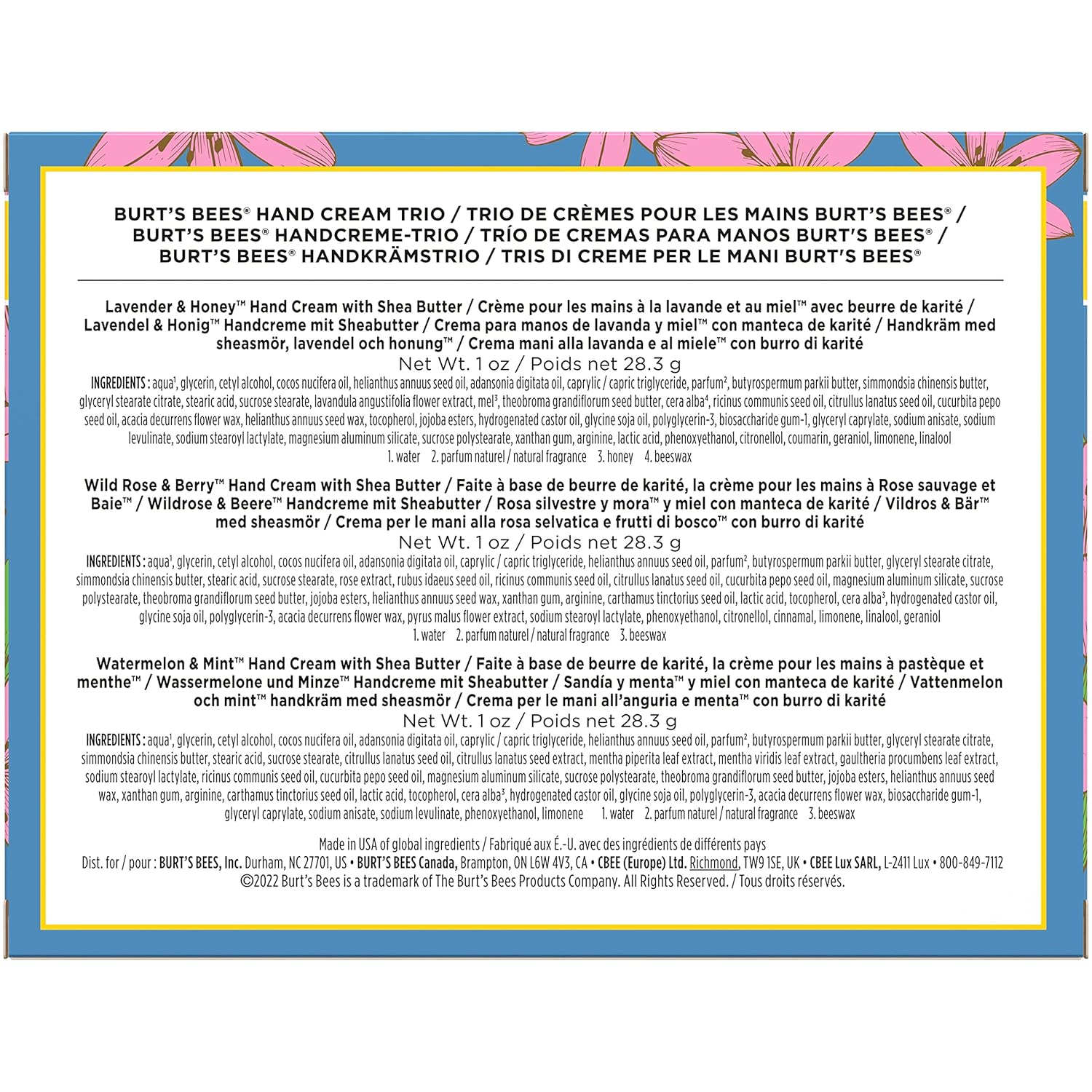 Burt's Bees Regalo de Primavera, 3 Regalos Hidratantes de Cuidado Personal, Trío de Crema de Manos con Manteca de Karité Conjunto de Primavera - Lavanda y Miel, Rosa Silvestre y Bayas y Sandía y Menta