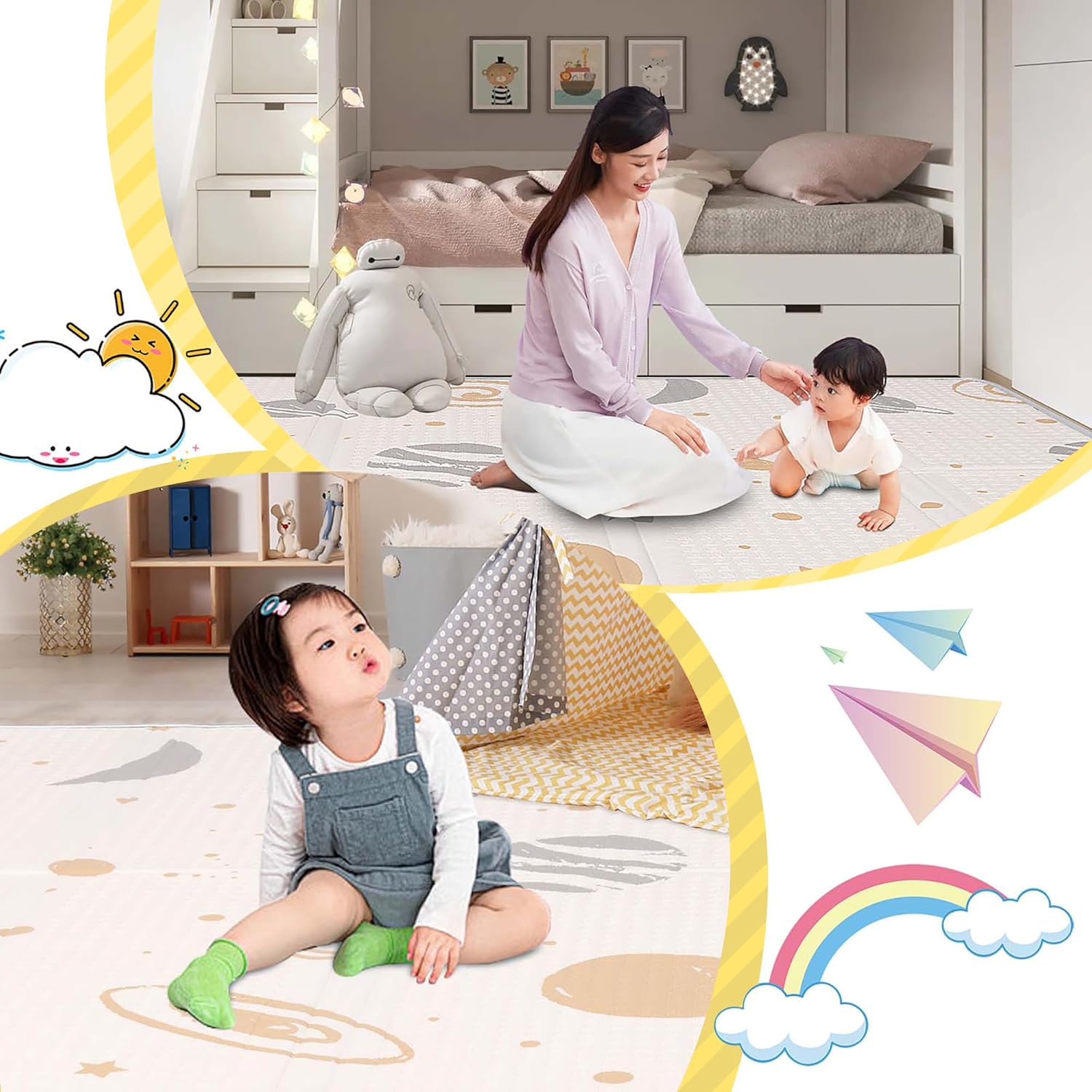 Artake Baby Play Mat, Easy Storage, Joint Mat, Thick, Foldable, Waterproof, Soundproofing Mat, Baby Mat, Nap Mat, White Stars, 78.7 x 70.9 x 7.1 x 2