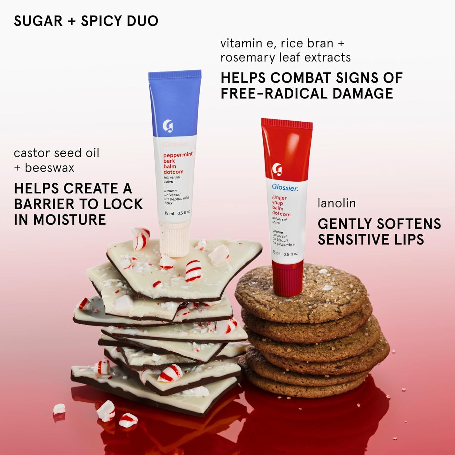 Glossier Balm Dotcom Hydrating Lip Balm Duo - Peppermint Bark & Ginger Snap - Lanolin, Beeswax & Castor Oil for Dry Lips - Nourishing Lip Care Gift Set, 2 x 15ml