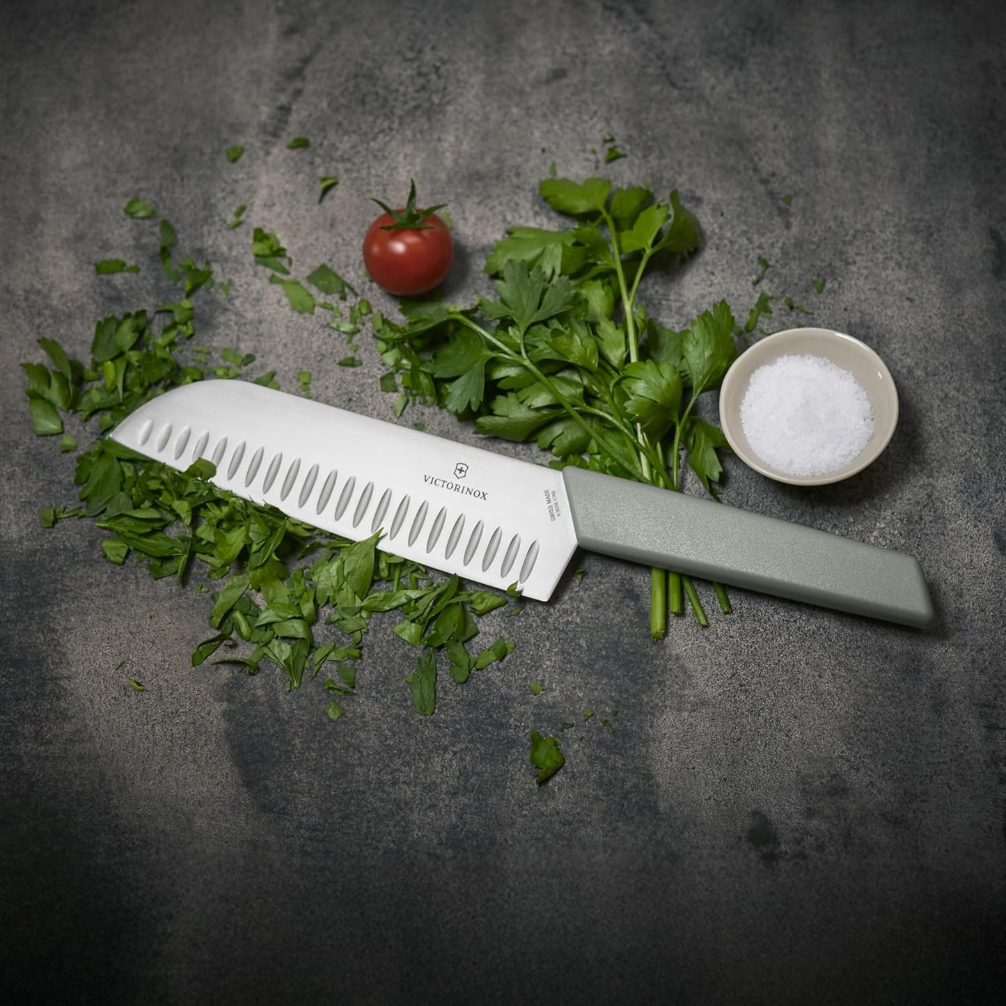 Victorinox 6.9056.17K6B Santoku Knife with Groove, 6.7 inches (17 cm), Olive, Swiss Modern All-Purpose Knife