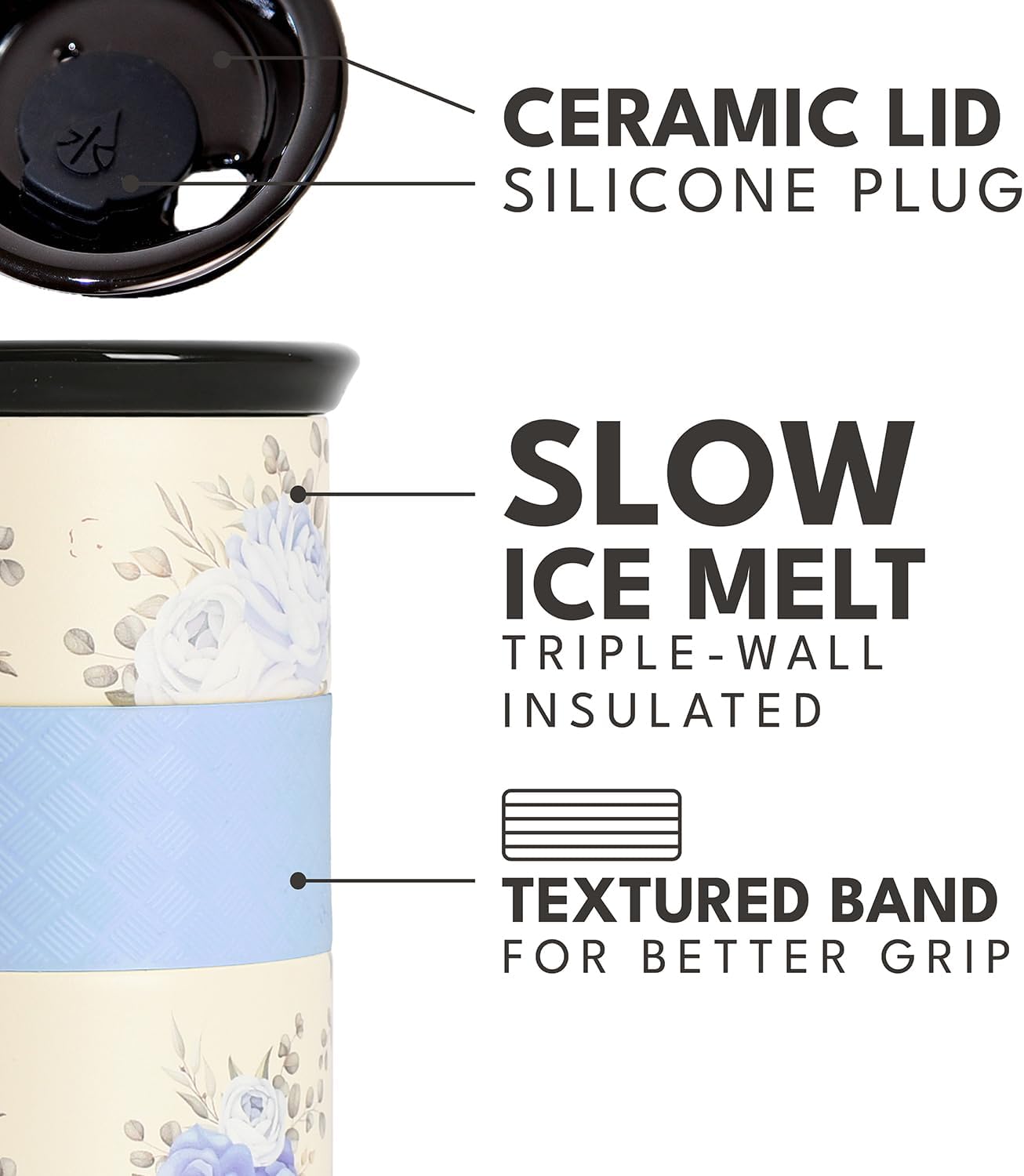 Elemental Vaso aislado artesanal, taza de viaje para café de triple pared, reutilizable, de acero inoxidable, con tapa de cerámica, tazas de café térmicas para bebidas calientes (6 horas) y frías (18 horas), 16 onzas, flores azules