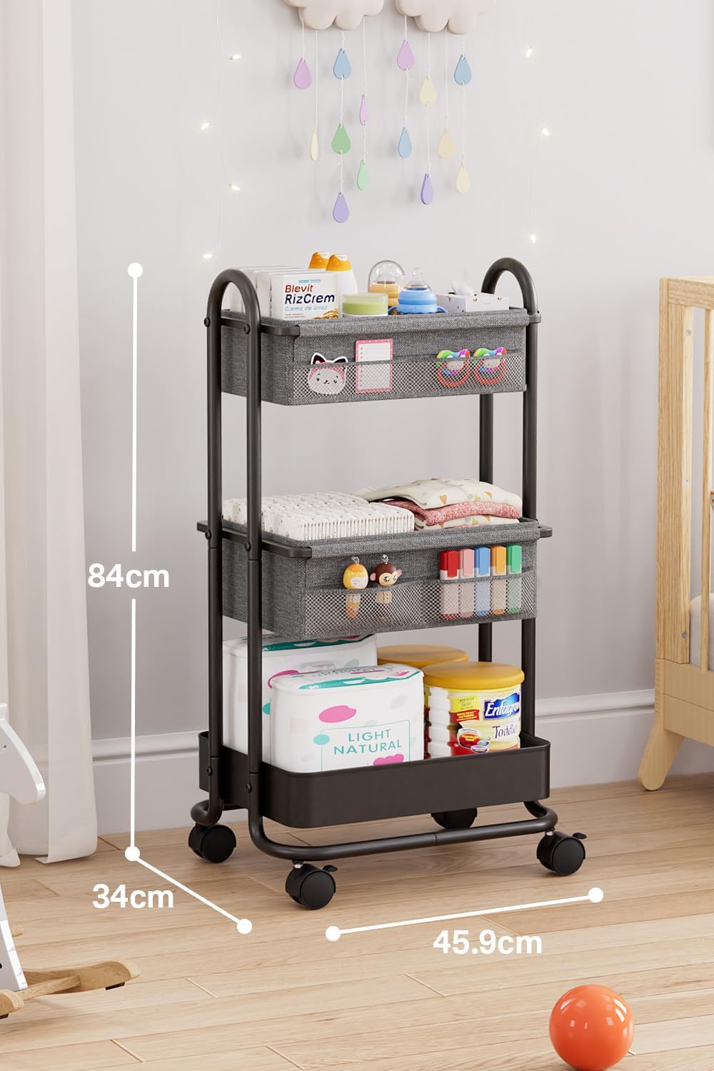 Diaper Stocker, Baby Supplies, Storage Wagon, 3 Tiers, With Casters, For Labor Preparation, Baby Supplies, Diaper Bag Organization, Includes Removable Dividers, Convenient to Move