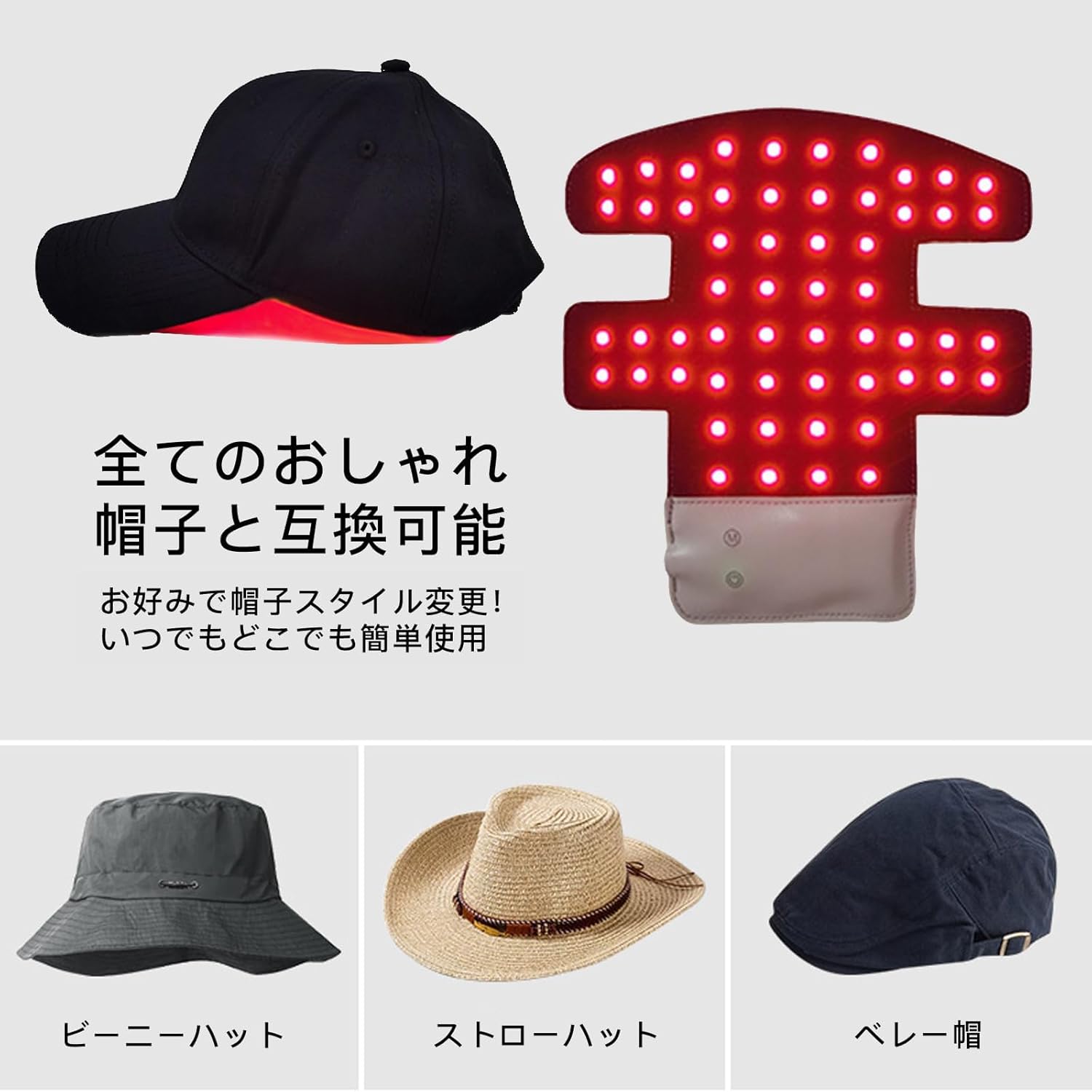 育毛キャップ 青色LED 赤色LED 頭皮 赤色光キャップ 育毛キャップ 増毛 スカルプケア 男女兼用 発毛促進 発毛 養毛 脱毛 薄毛 かんたん操作 56灯 450nm-850nm 「取り外し可能」他の帽子に交換することができます (black)