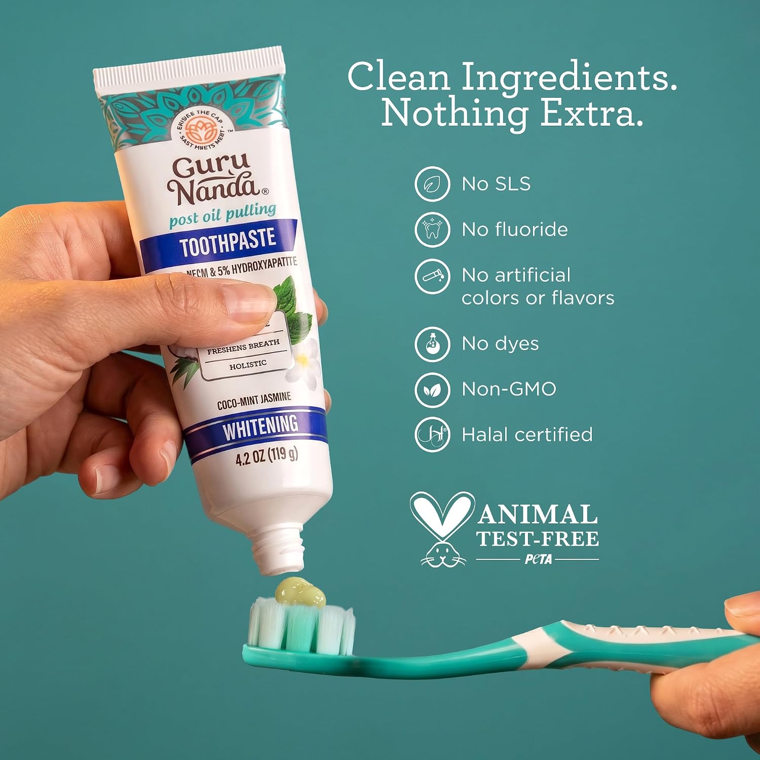 GuruNanda Pasta de dientes con hidroxiapatita, libre de SLS y fluoruro, pasta de dientes blanqueadora con raspador de lengua y exprimidor - Refresca la respiración, combate la placa - CocoMint natural
