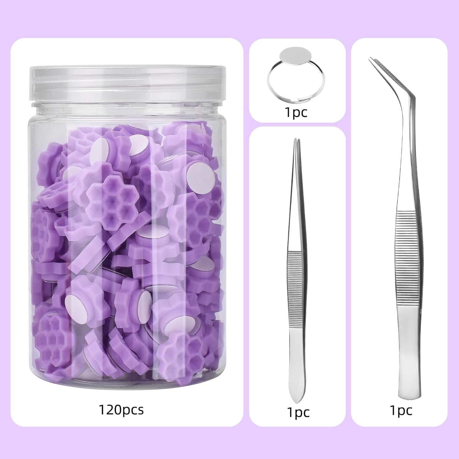 UAKEREDハニカム形状 まつ毛エクステンション グルーカップ セット睫毛延長ゴムラック花形120個睫毛接ぎ木供給プラスチックゴムカップトレイマット、2個ピンセット付き自宅用 DIY つけまつげ グルー皿