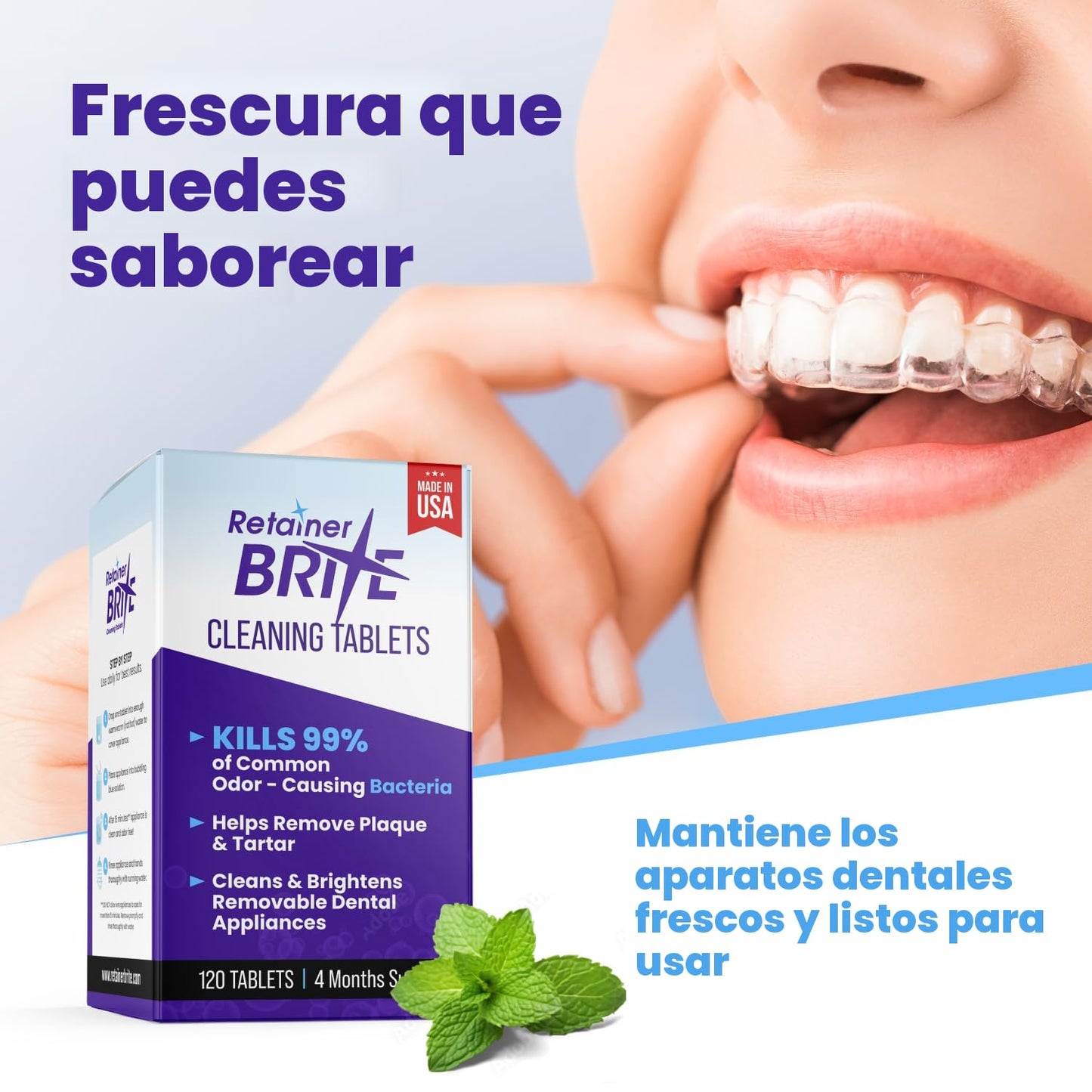 Retainer Brite - Tabletas limpiadoras de retenedores para Invisalign, limpiador bucal, limpieza nocturna y más. Tabletas de limpieza para limpiadores ultrasónicos. 120 tabletas - Suministro de 4 meses