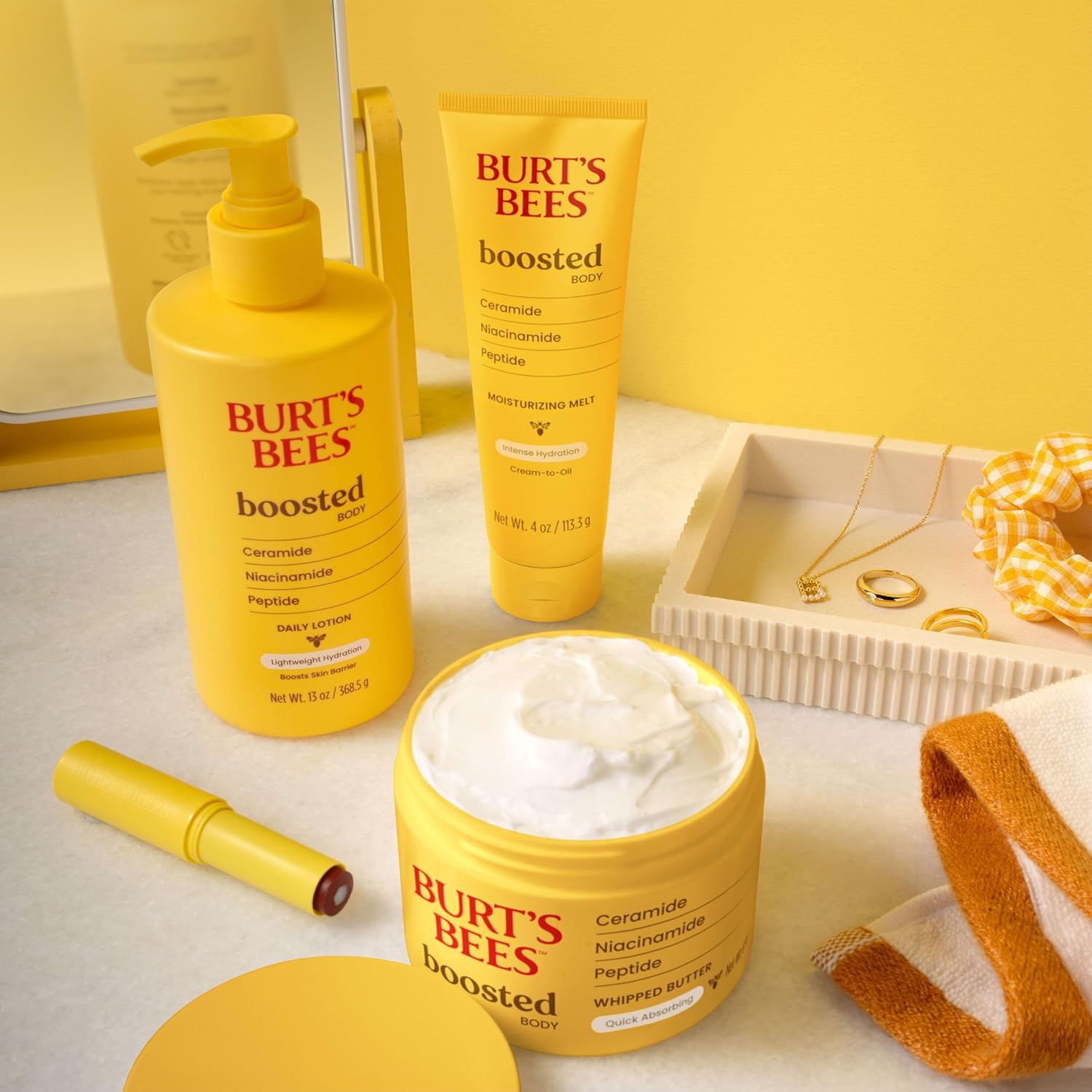 Burt's Bees Loción corporal potenciada, con un complejo de ceramida, niacinamida y péptidos, loción diaria ligera que ayuda a aumentar la barrera cutánea, aroma tropical, botella de 13 onzas