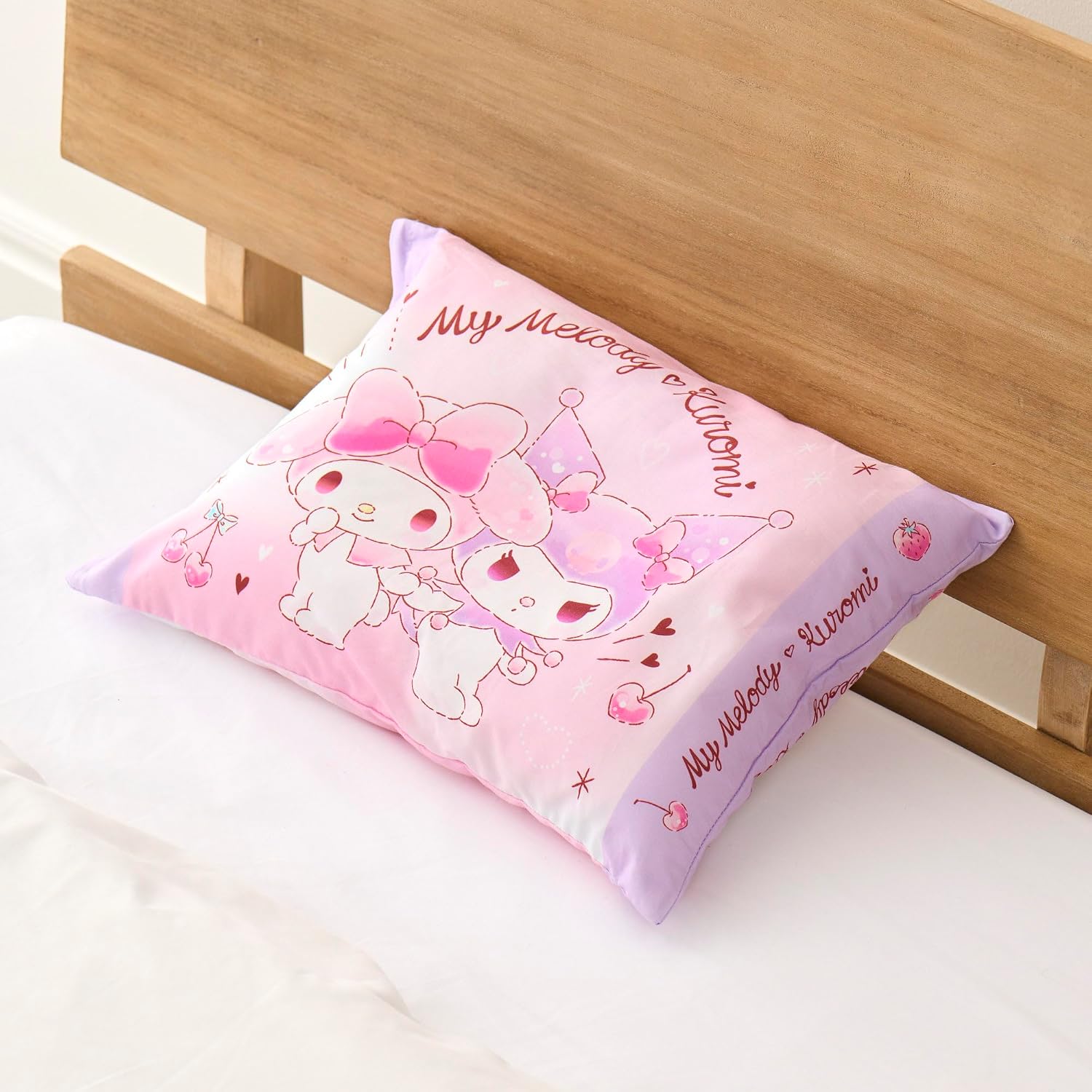MORiPiLO Children's Pillow, Low Profile, My Melody and Kuromi, Sanrio Characters, Love Love Pink, Approximately 11 x 15.4 inches (28 x 39 cm), Skin-friendly 100% Cotton Fabric, Washable, Cover