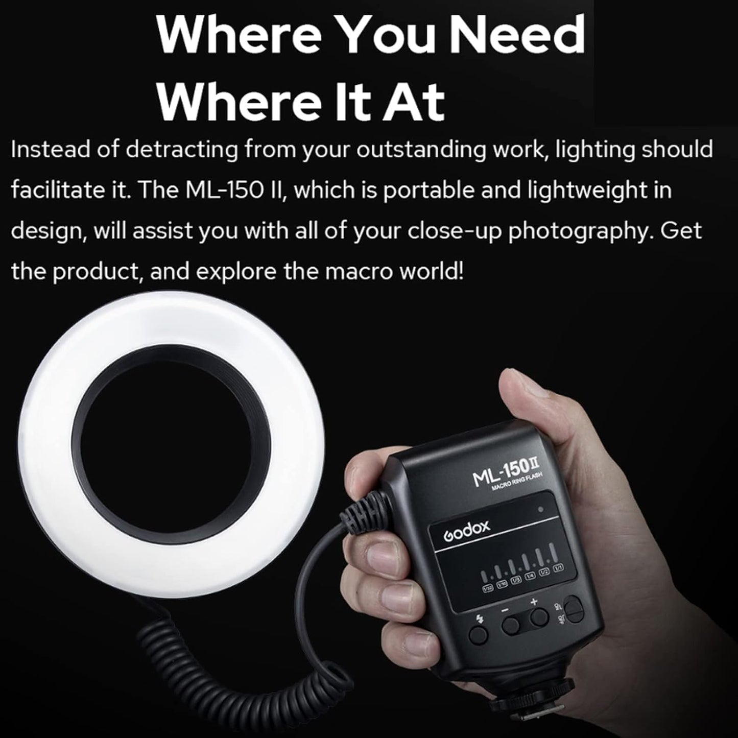 Godox ML-150II Macro LED Ring Flash Speedlite GN12 0.1-2s Recycle Time 5800K±200K for Sony Canon Nikon Fuji Olympus Panasonic DSLR Camera Video Production Animal and Fauna Photography