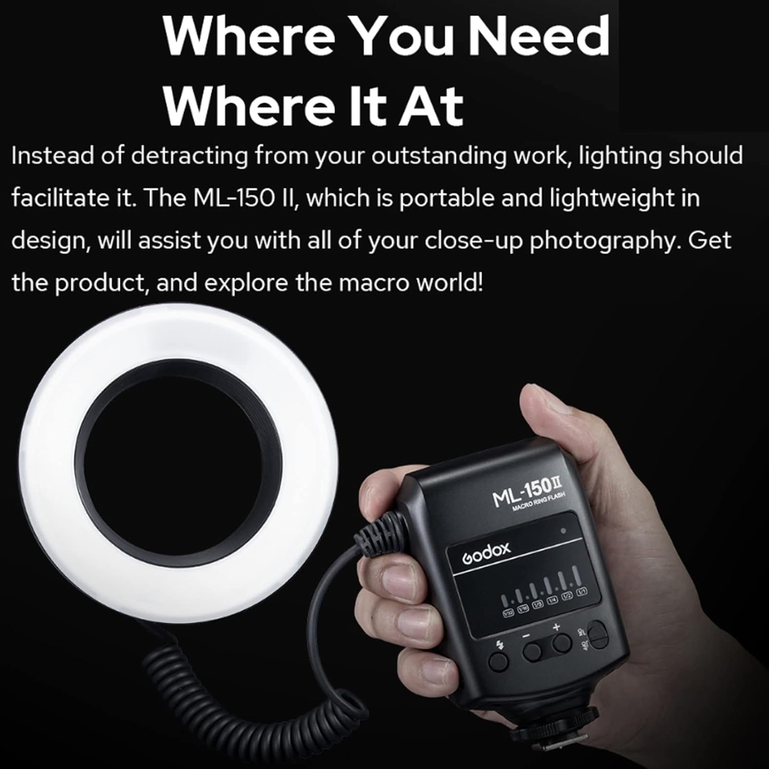 Godox ML-150II Macro LED Ring Flash Speedlite GN12 0.1-2s Recycle Time 5800K±200K for Sony Canon Nikon Fuji Olympus Panasonic DSLR Camera Video Production Animal and Fauna Photography