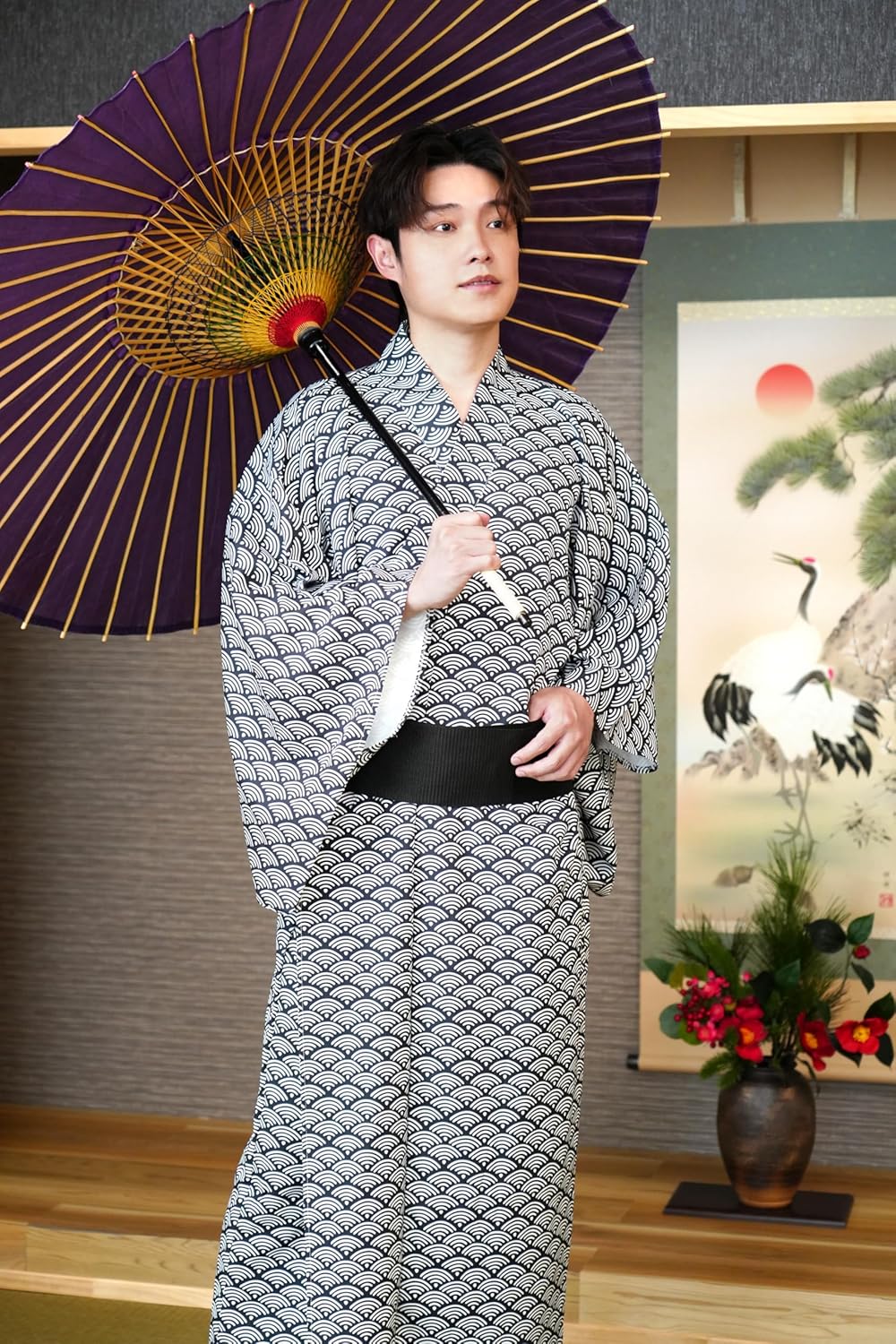 Clear Stone Cosplay, Halloween, Men's Kimono Set, Blue Sea Wave, Navy