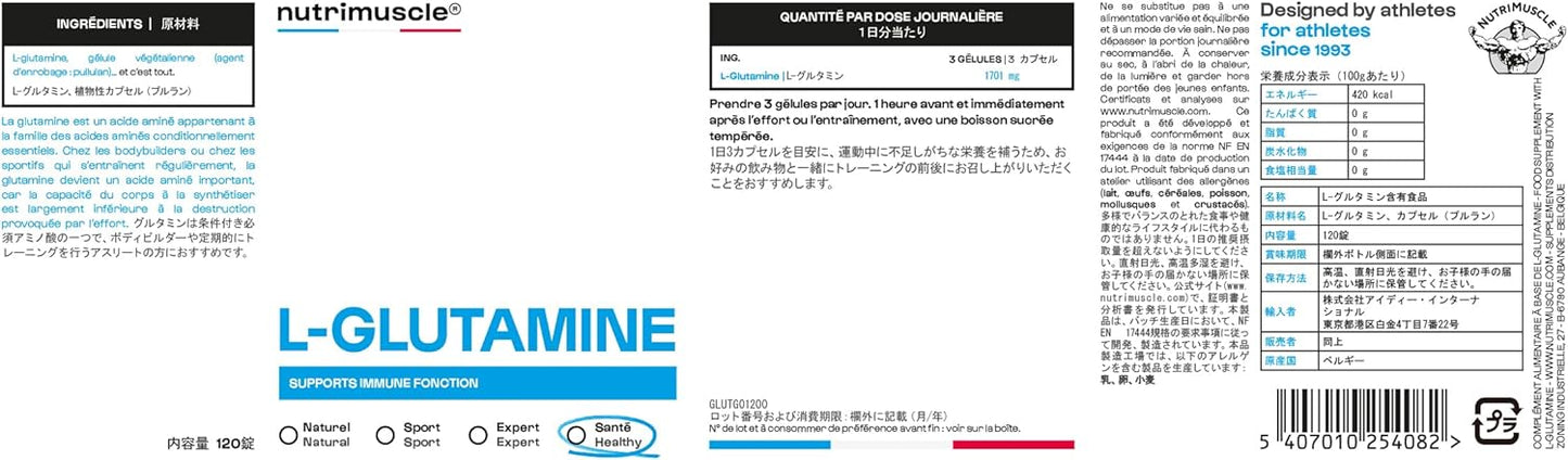 Glutamine Supplement, Nutrimuscle 120 Capsules (Approx. 40 Day Supply), GLUTAMINE 100% Vegan Derived