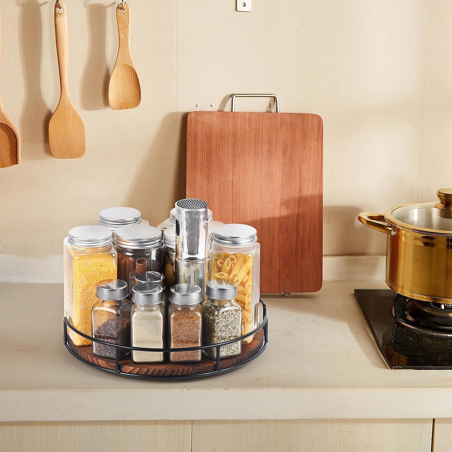 Multi-Function Rotating Storage Case, Natural Wood, Rotating Condiment Rack, Kitchen Spice Rack, Food Storage Tray, Refrigerator Storage Box, Cosmetics & Small Item Storage, Divider, Space-Saving