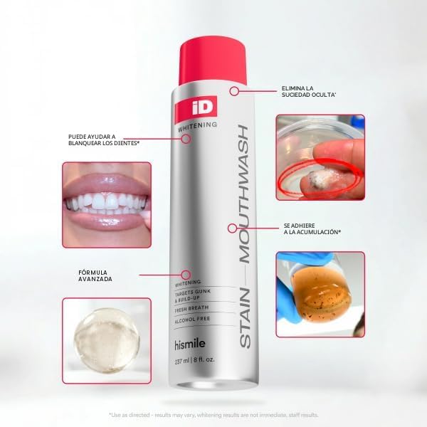 Hismile iD - Enjuague bucal blanqueador de manchas, enjuague bucal que elimina la suciedad para un aliento fresco, enjuague bucal de peróxido de hidrógeno para promover dientes más blancos, enjuague con peróxido con aceites esenciales, 8.0 fl oz