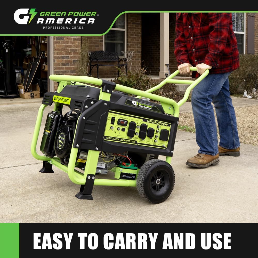 Green-Power America 13000 Watt Gasoline Powered Recoil/Electric Start Portable Generator, 12V-8.3A, Charging Outlet, Home Backup, RV Compatible