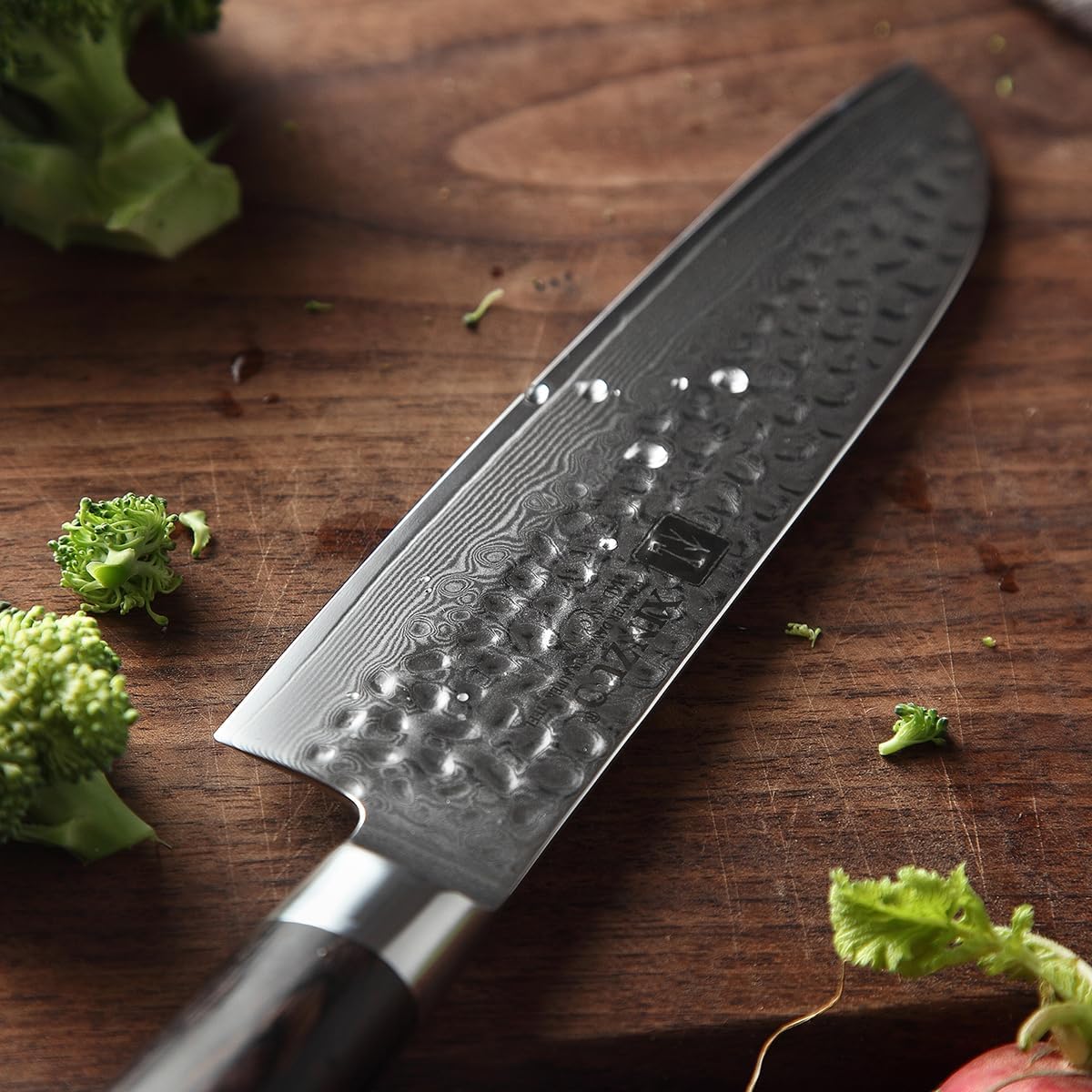 XINZUO Damascus Steel Santoku Knife - 67-Layer Damascus Steel 17.6cm Santoku Chef Knife, Professional Kitchen Cooking Knife, Suitable for Cutting Meat, Vegetables, and Fruits - Ergonomic Pakka Wood