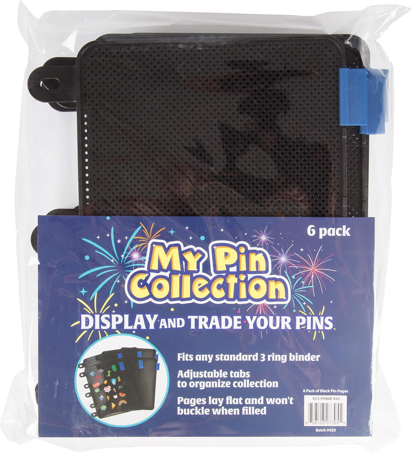 Paquete de 6 páginas de exhibición de pines esmaltados para carpeta de 3 anillas, sin hundimiento (negro) | 6pc flat no-sag binder inserts securely hold & display Disney trading or lapel enamel pins with backings. (Pins not included)