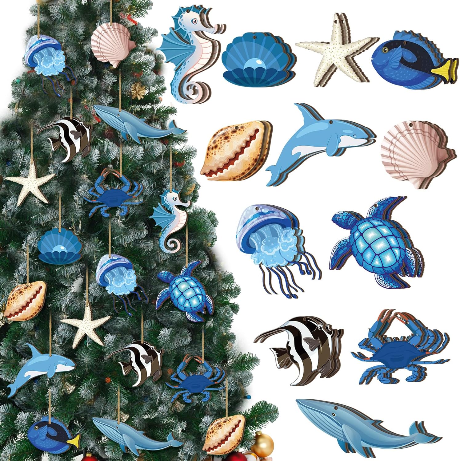 24 adornos de verano para árbol de madera, océano, playa, árbol, decoración costera náutica de madera, recortes colgantes de playa, animales marinos, decoración con cuerda para suministros de fiesta de verano