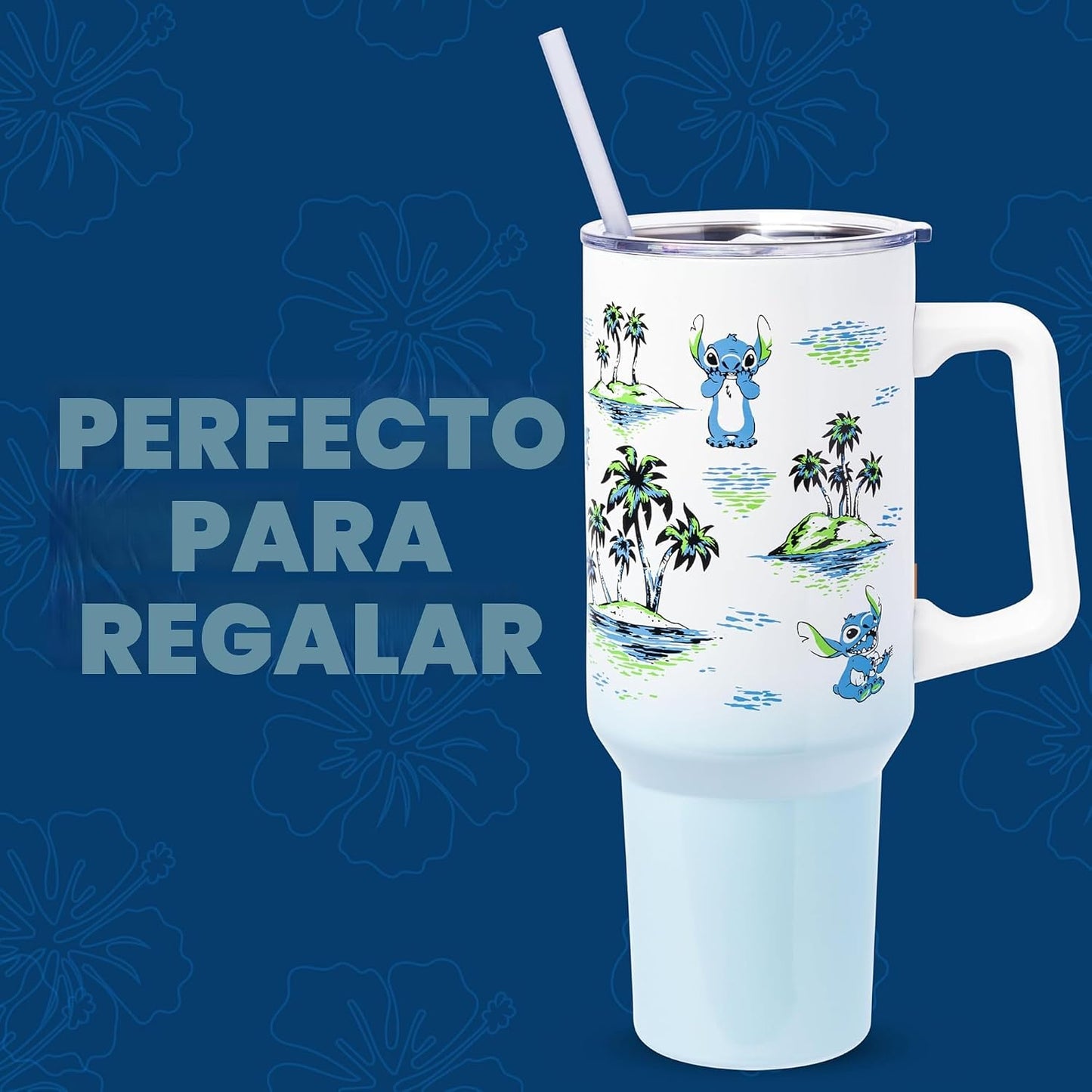 Silver Buffalo Disney Lilo and Stitch - Vaso de acero inoxidable de doble pared con asa y pajilla, diseño vintage, palmeras y flores, se adapta al portavasos estándar, 40 onzas