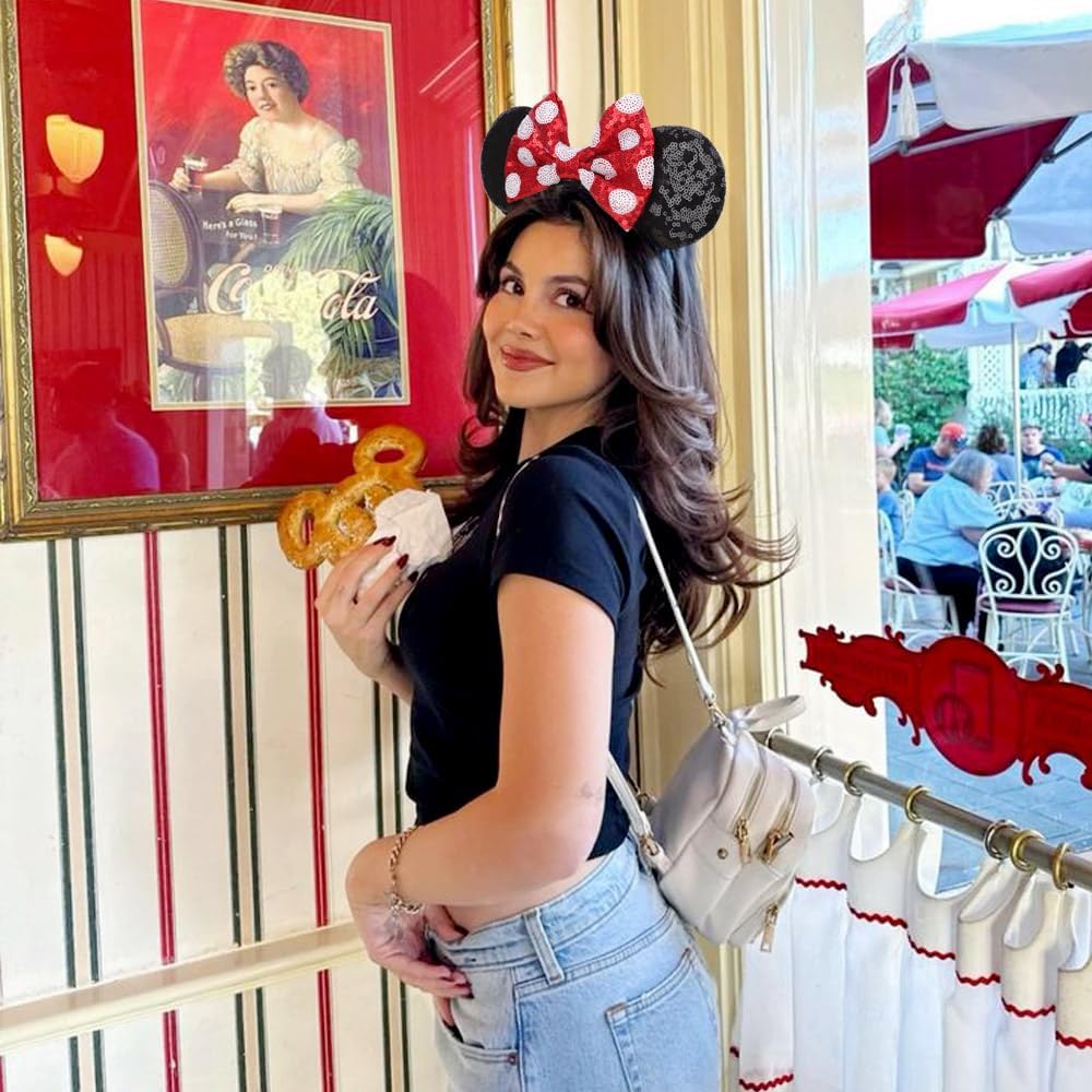DRESHOW Minnie Ears Headbands Mouse Ears Sequins Bow Headbands Adjustable Elastic Headband Sequins Party Decoration Costume Cosplay for Women