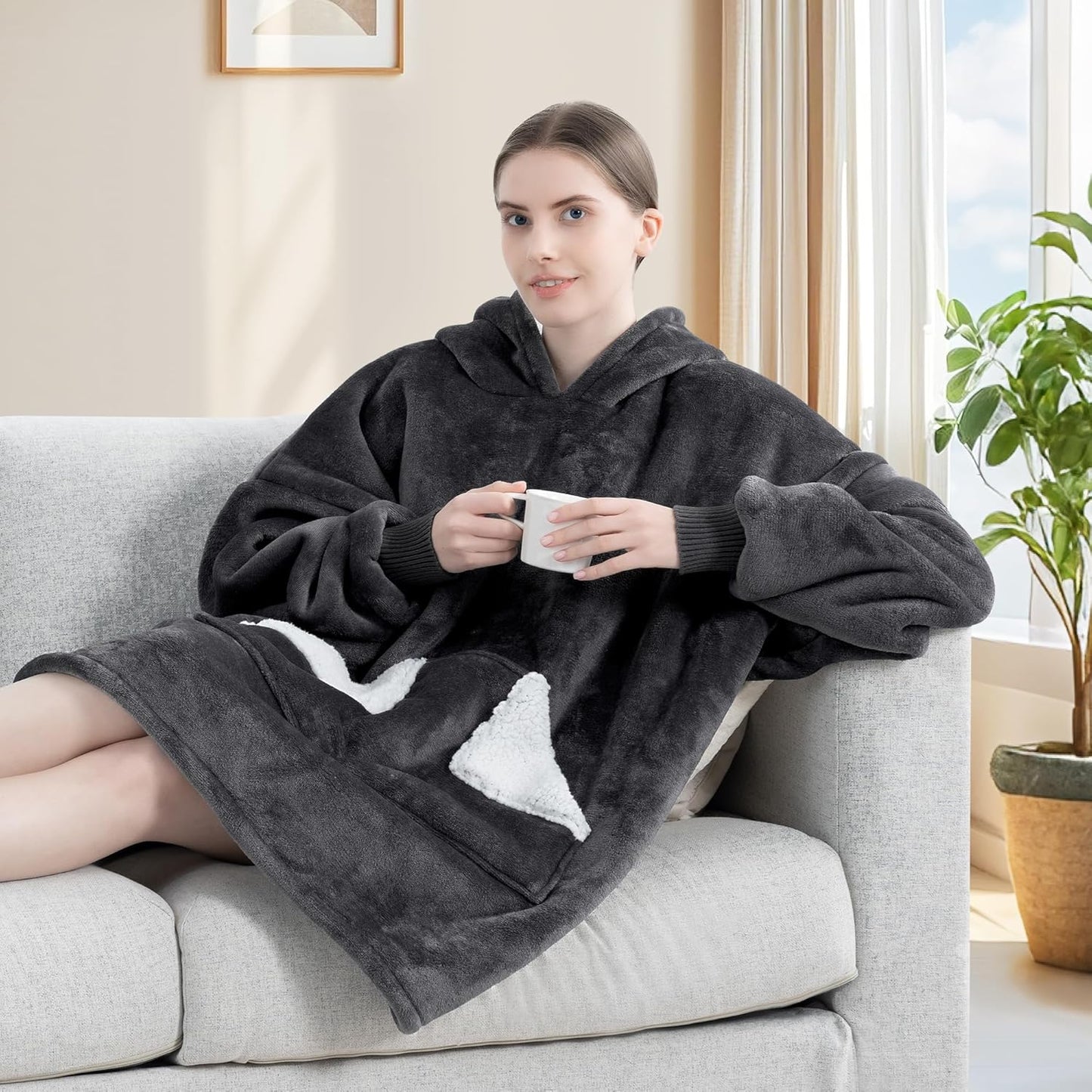 Touchat - Manta con capucha portátil, sudadera con capucha de forro polar sherpa de gran tamaño con bolsillo gigante y mangas para adulto, regalo de manta gris cálida y acogedora para mujeres
