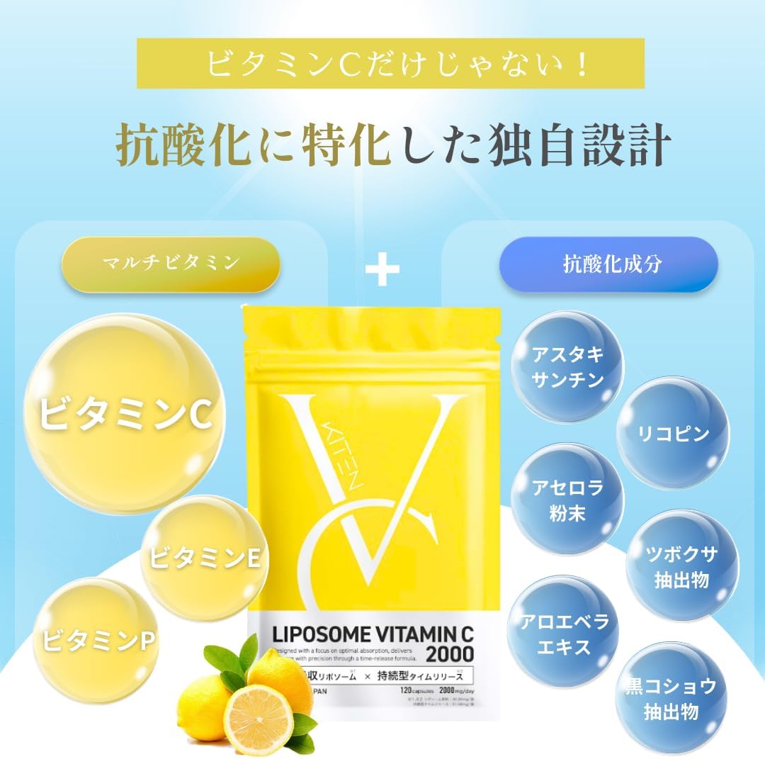Kiten Liposome Vitamin C Supplement, 2,000 mg, Patent Formulation, Aloe Vera Blend, Super Absorbent, Doctor Supervised, Made in Japan, KITEN 120 Tablets, 30 Day Supply