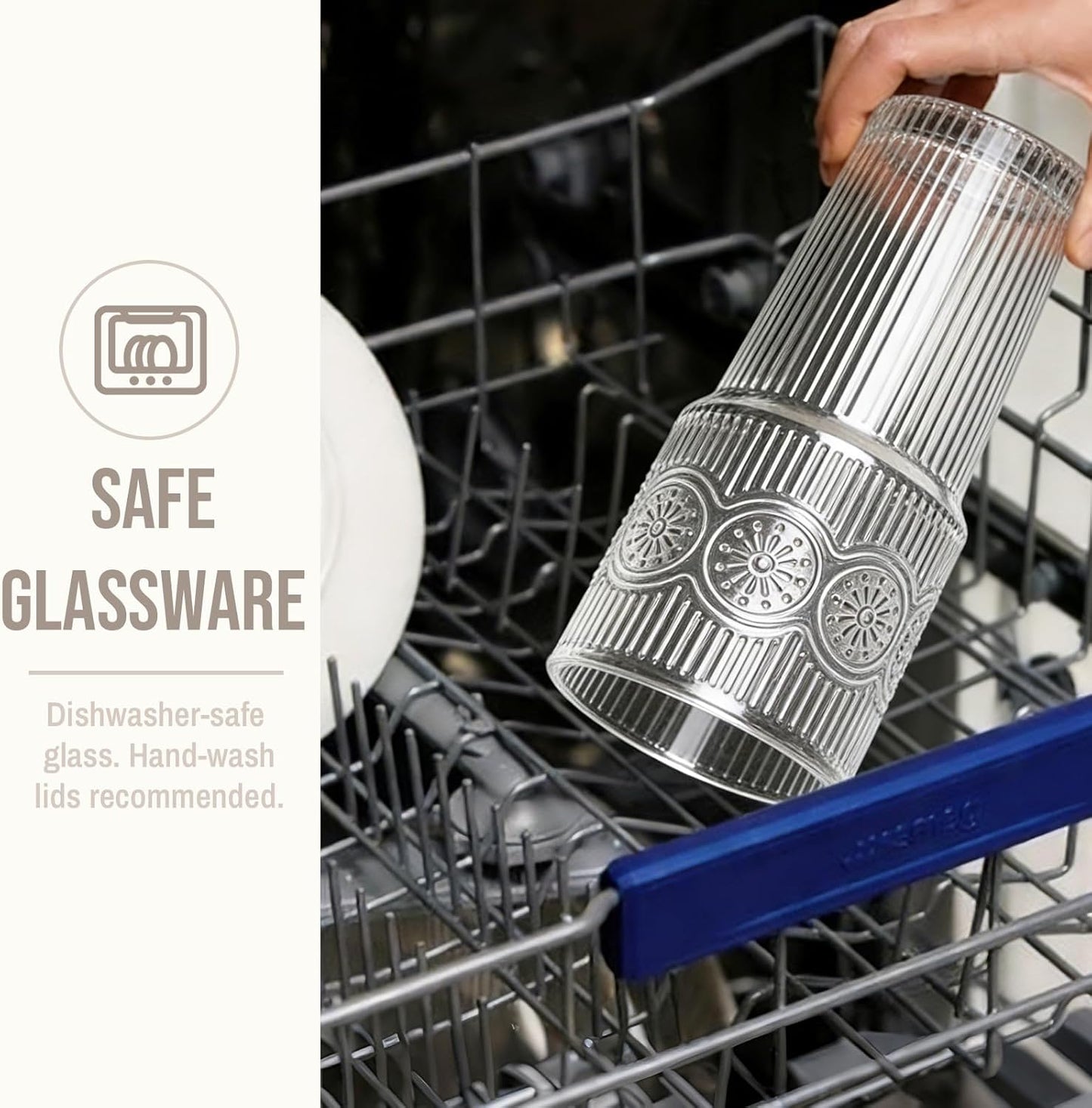 SoulTimes Juego de 2 vasos de vidrio acanalados y florales de 20 onzas, vasos de vidrio reutilizables con tapa y popote de vidrio, tazas de café helado para agua, batido, leche, cóctel y más, perfecto