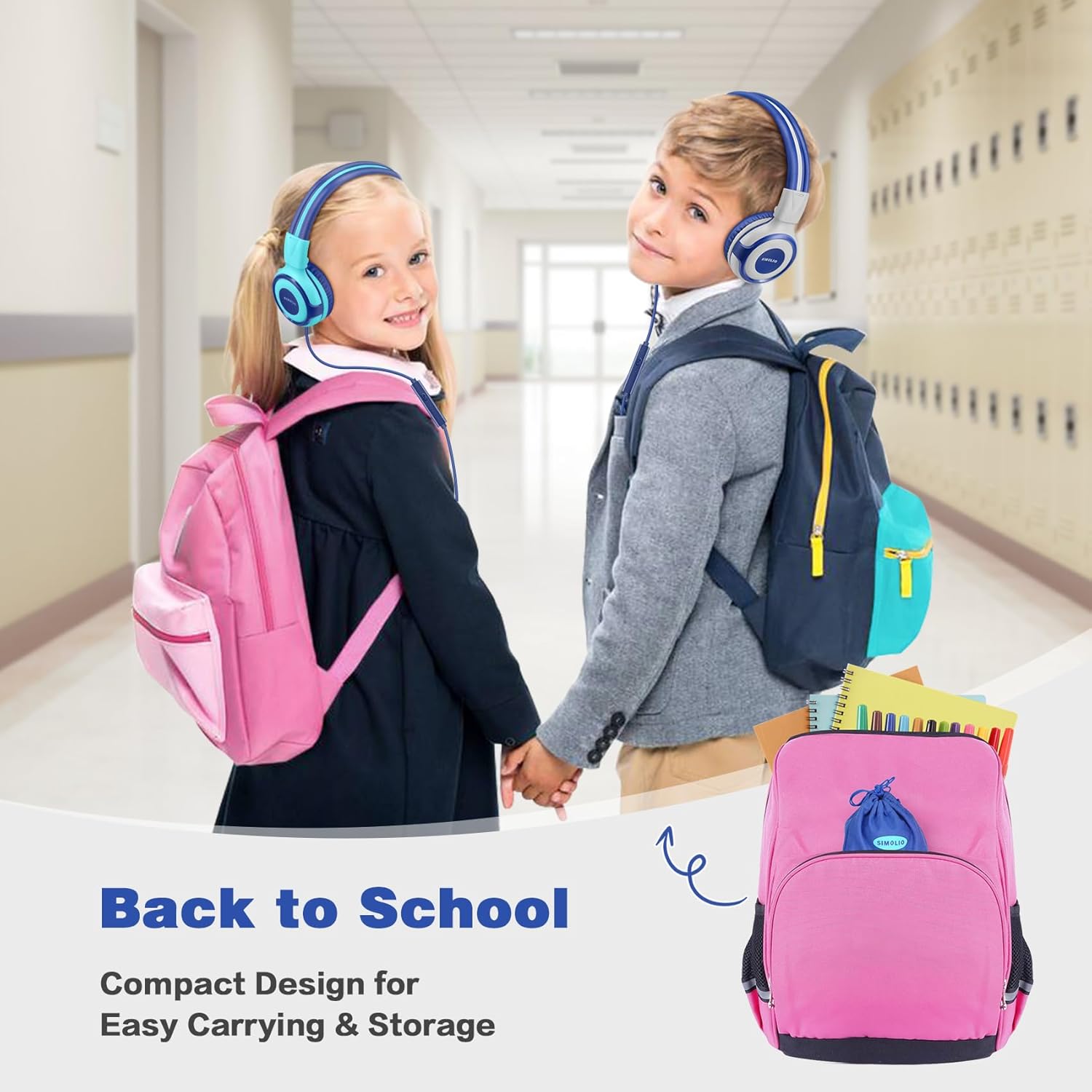 SIMOLIO Manyshare Series - 2 Pack Kids Headphones for School with Sharing Port 75/85/94dB Volume Limited Wired Headphones with Mic for Chromebook iPad Foldable Headset Airplane School Gaming for Boys Girls