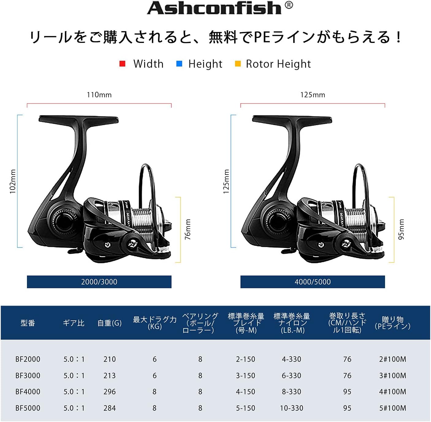 Ashconfish スピニングリール グラファイトボディ 7+1BB ステンレス アッシュコンフィッシュ ギア比5.0:1 海水 淡水 両用 超軽量 (AF/CF/KF/BF)