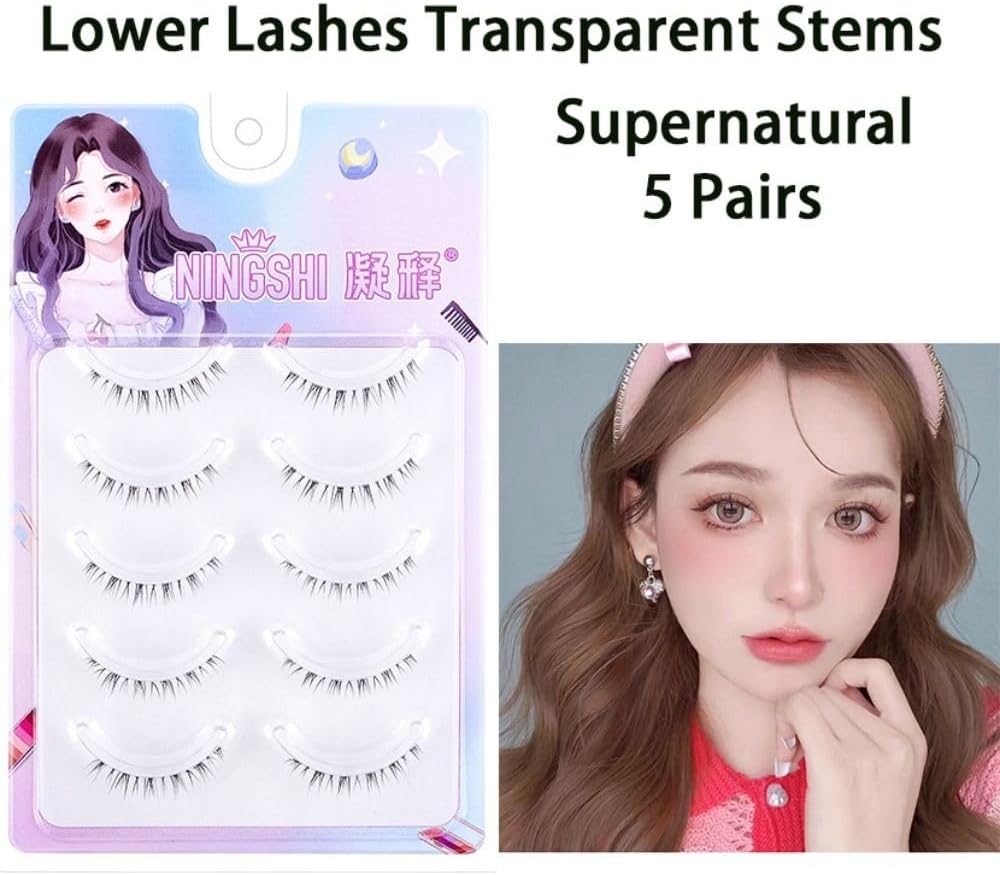 5 Pairs Korean Lower Eyelashes 3D Natural Look Comic Eyelashes with Soft Transparent Band Tie Short Lower Eyelashes Cosplay Anime Eyelashes Little Devil Eyelashes Beauty Eye Extension Tool