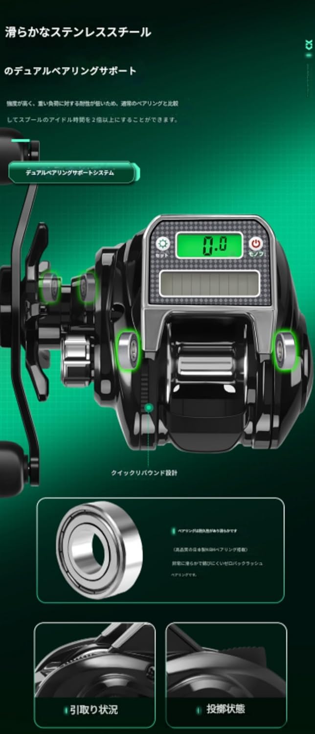 ドラグ、バックライト、カウンターを備えたデジタルベイトキャスティングリール 海釣り、磁気氷上釣り、いかだ釣り、橋釣り、ボート釣り、ルアー釣りに最適です