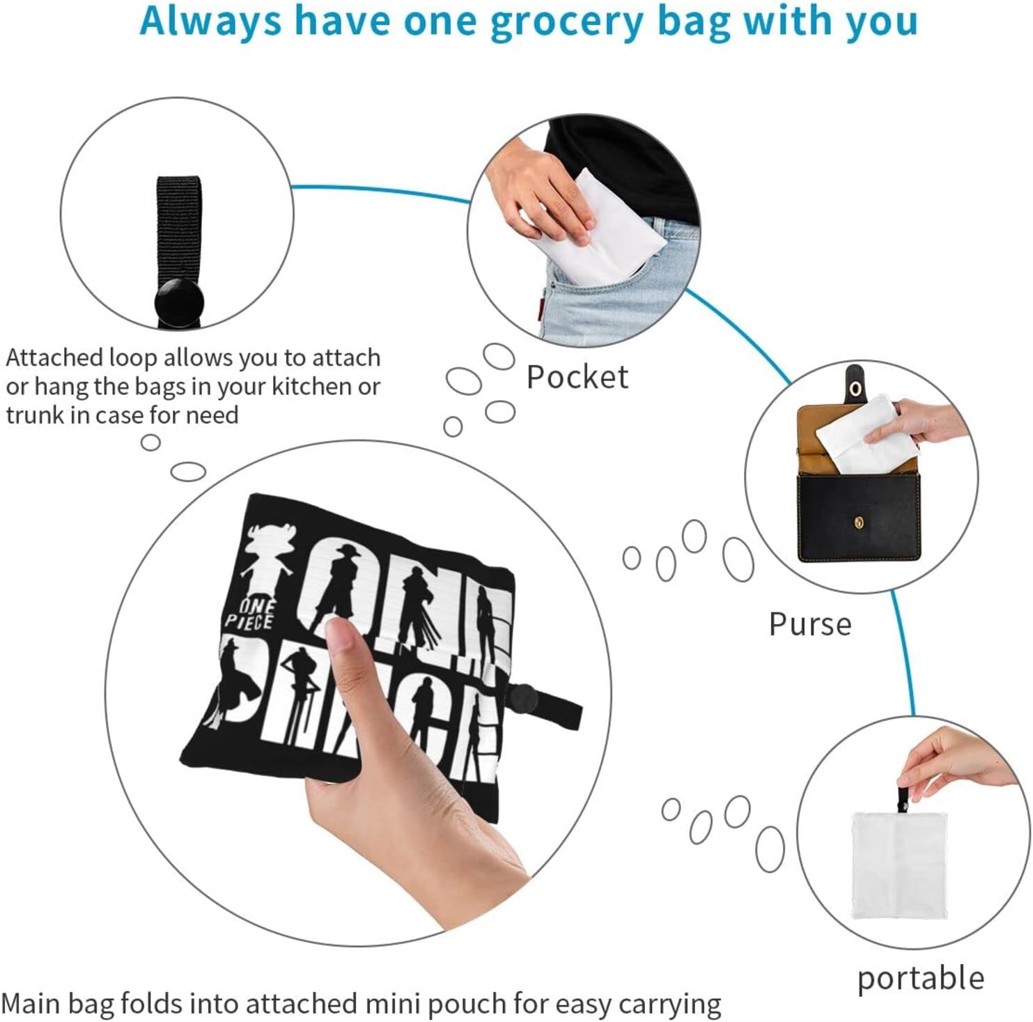 One Piece Eco Bag, Waterproof, Foldable, Tote Bag, Shopping, Waterproof, Material, Lightweight, Large Capacity, Compact, Cute, Stylish, Women's, Popular, Cute, Anime, Character Goods, One Piece,