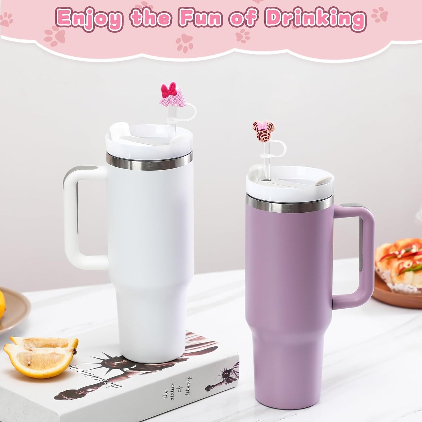 9 cubiertas de pajita para vaso Stanley Tumbler de 30 oz / 40 oz, tapas de pajita a prueba de fugas de 10 mm de silicona, lindas cubiertas para accesorios de vaso Stanley - Ratones rosados - 9 piezas