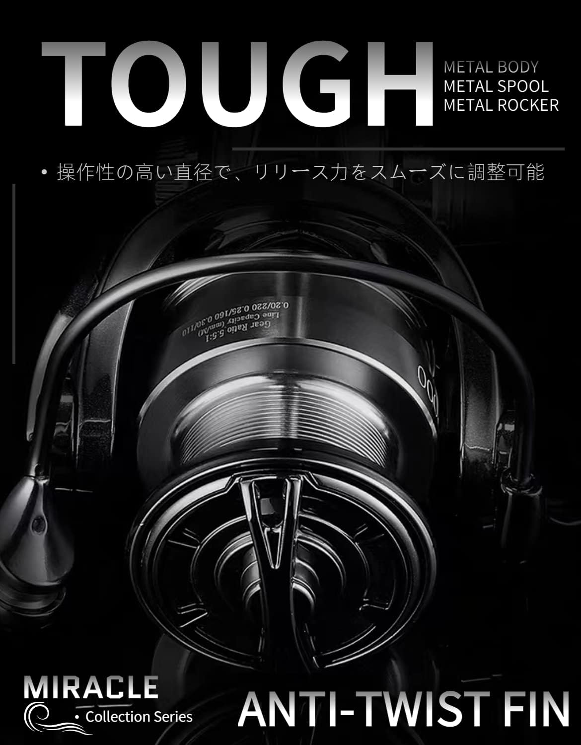 スピニングリール 巻き心地の良いフルメタル釣り用リール、左右交換式ダブルハンドル、投げ釣り 軽量化、スピニングリール 1000 2000 2500 3000 4000 5000 冷間鍛造合金製ギア ギア比5.5:1、6+1BBボールベアリング、ドラグ力調整7~15Kg、銀色系 全魚種対応のMIRACLEシリーズ釣り具