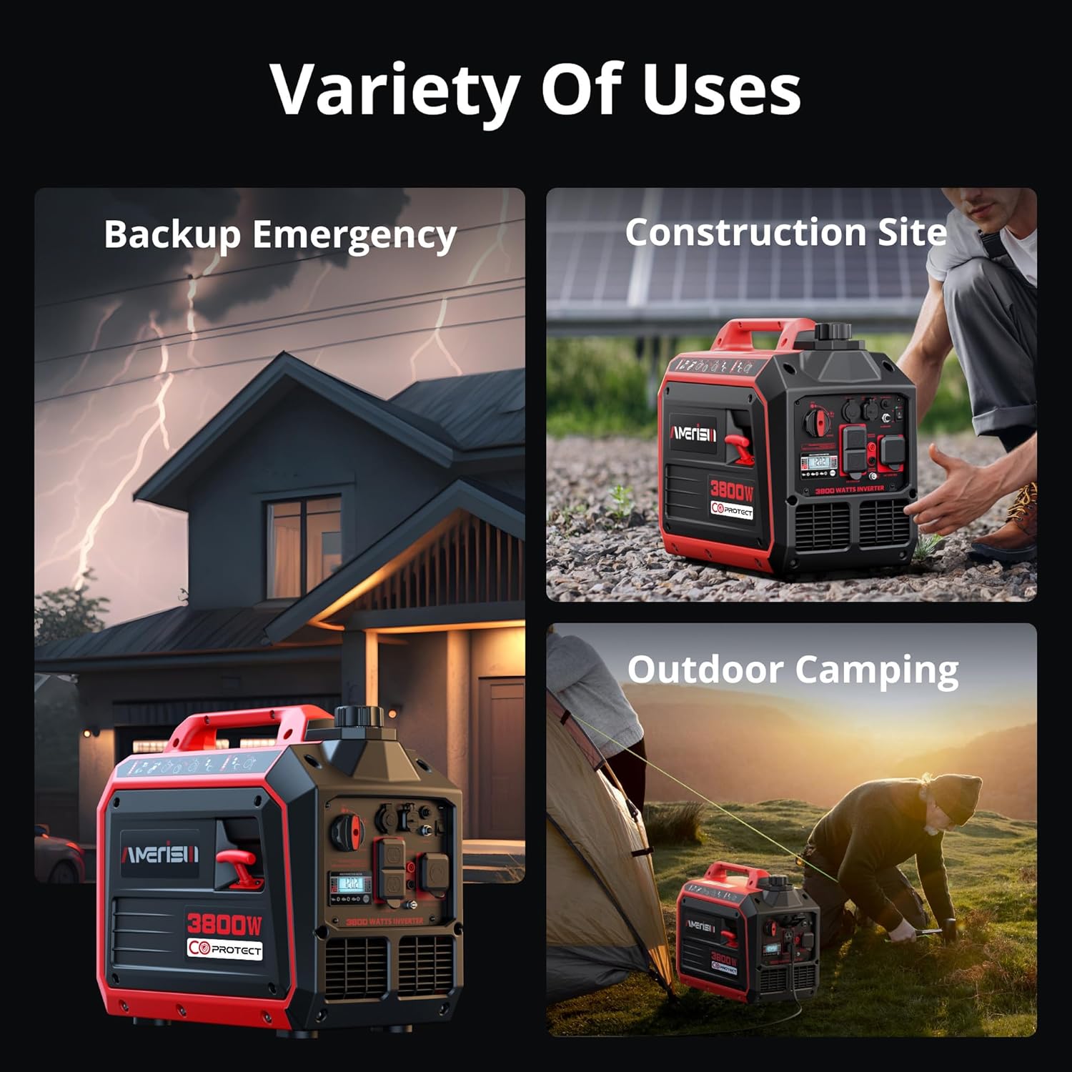 3800W Gas Powered Portable Inverter Generator with CO Sensor Gas Generator ECO Mode Digital Display Parallel Support EPA Compliant Long Working Time Camping Tailgate Home Quiet Lightweight