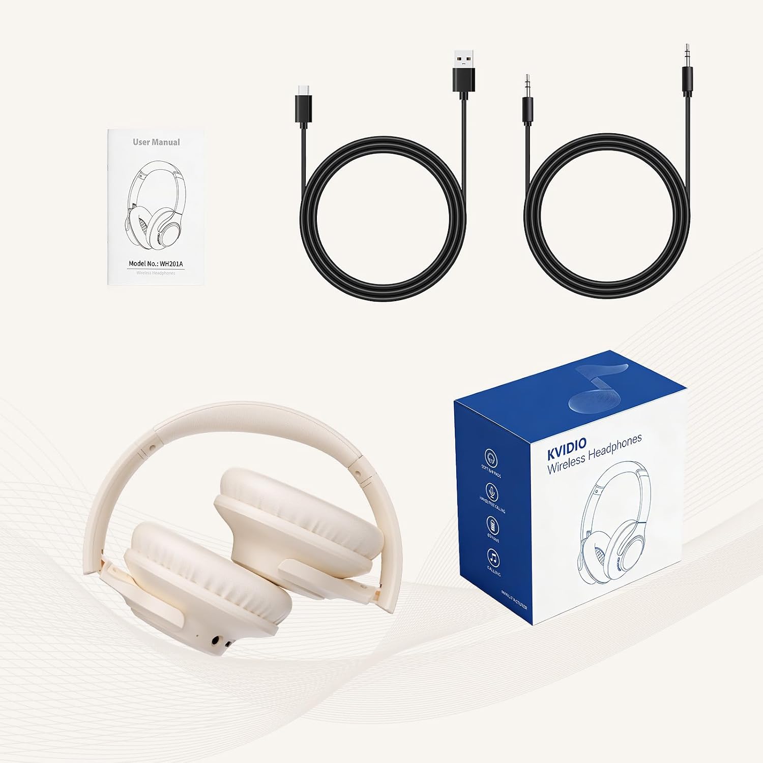 KVIDIO Wireless Headphones, Bluetooth 6.0, 65 Hours Playback, 1.6 inches (40 mm), HD Driver Unit, Over-Ear Headphones, Built-in Mic, Headphones, Wired Wireless, Dual Use, Noise Isolation, Sealed Type