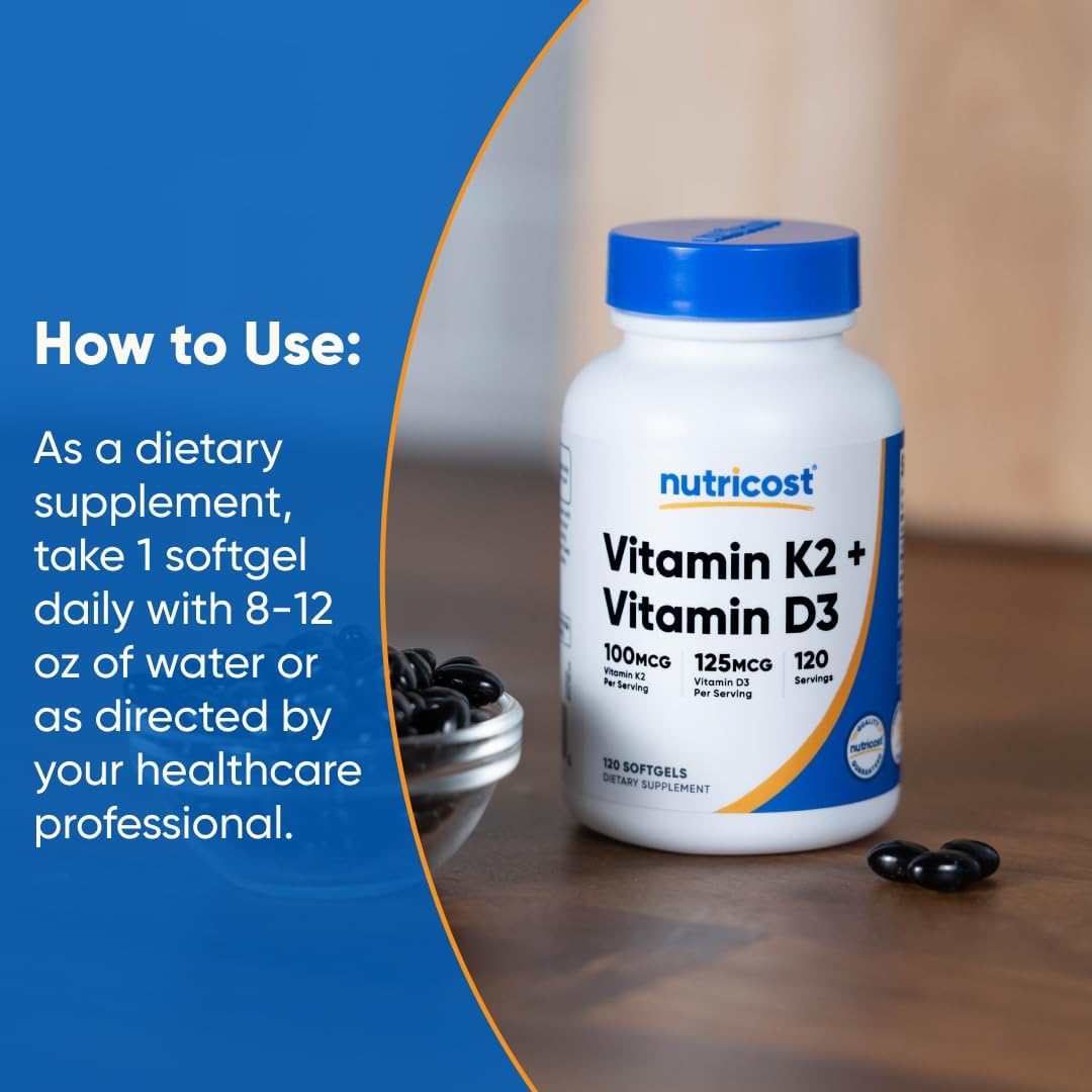 Nutricost Vitamin K2 (100mcg) + Vitamin D3 (5000IU) 120 Soft Capsules - Vitamin Supplement Non-GMO Gluten-Free Nutricost Supplement