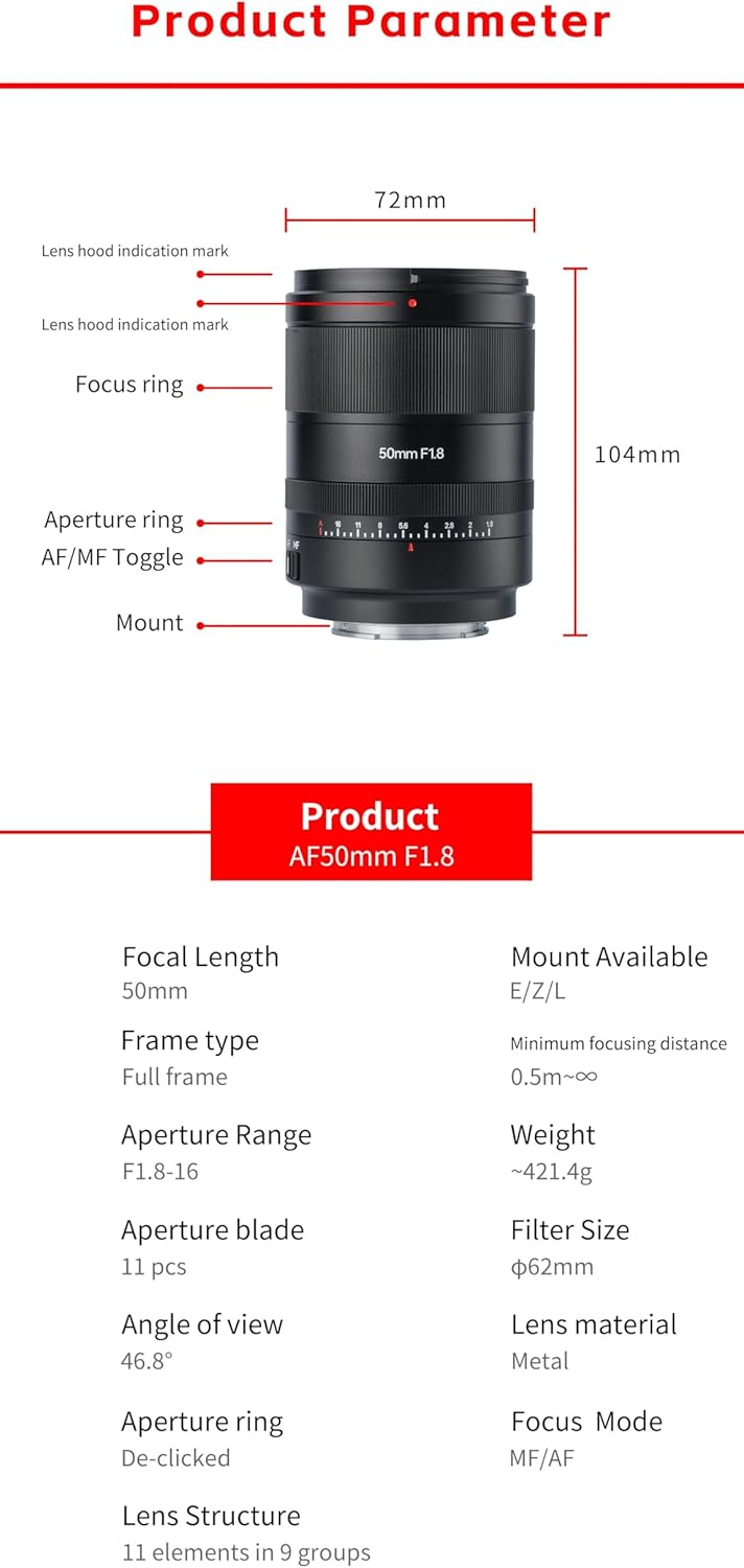 7artisans L-Mount AF 50mm f/1.8 Monofocal Lens Full Size Large Caliber Leica L/Panasonic L/Sigma L Replacement Lens Black Shichikoujo