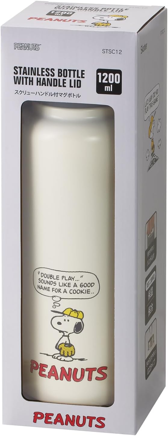 Skater Water Bottle 1200ml / 1.2 Liters with Handle, Large Capacity, Keeps Hot and Cold, Stainless Steel, Mug Bottle, Sports Bottle, Easy to Clean, Wide Mouth, Snoopy Baseball STSC12-A