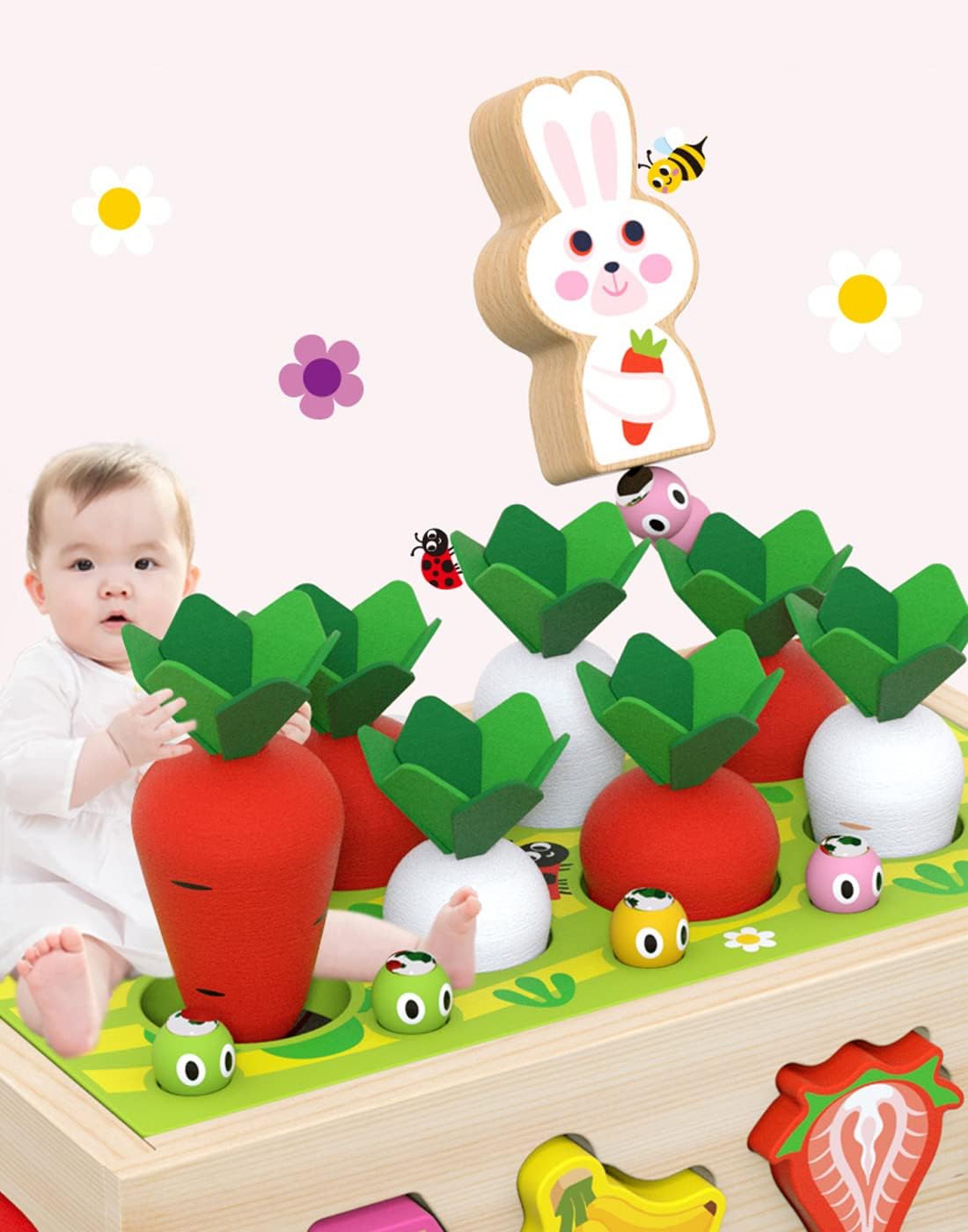 Wooden Toy Carrot Puzzle Montessori Toy Educational Toy Popular Finger Lesson Box Insertion Shape Matching Wooden Toy Boy Girl Farm Carrot Pulling & Magnet Caterpillar Catching Game Fruit